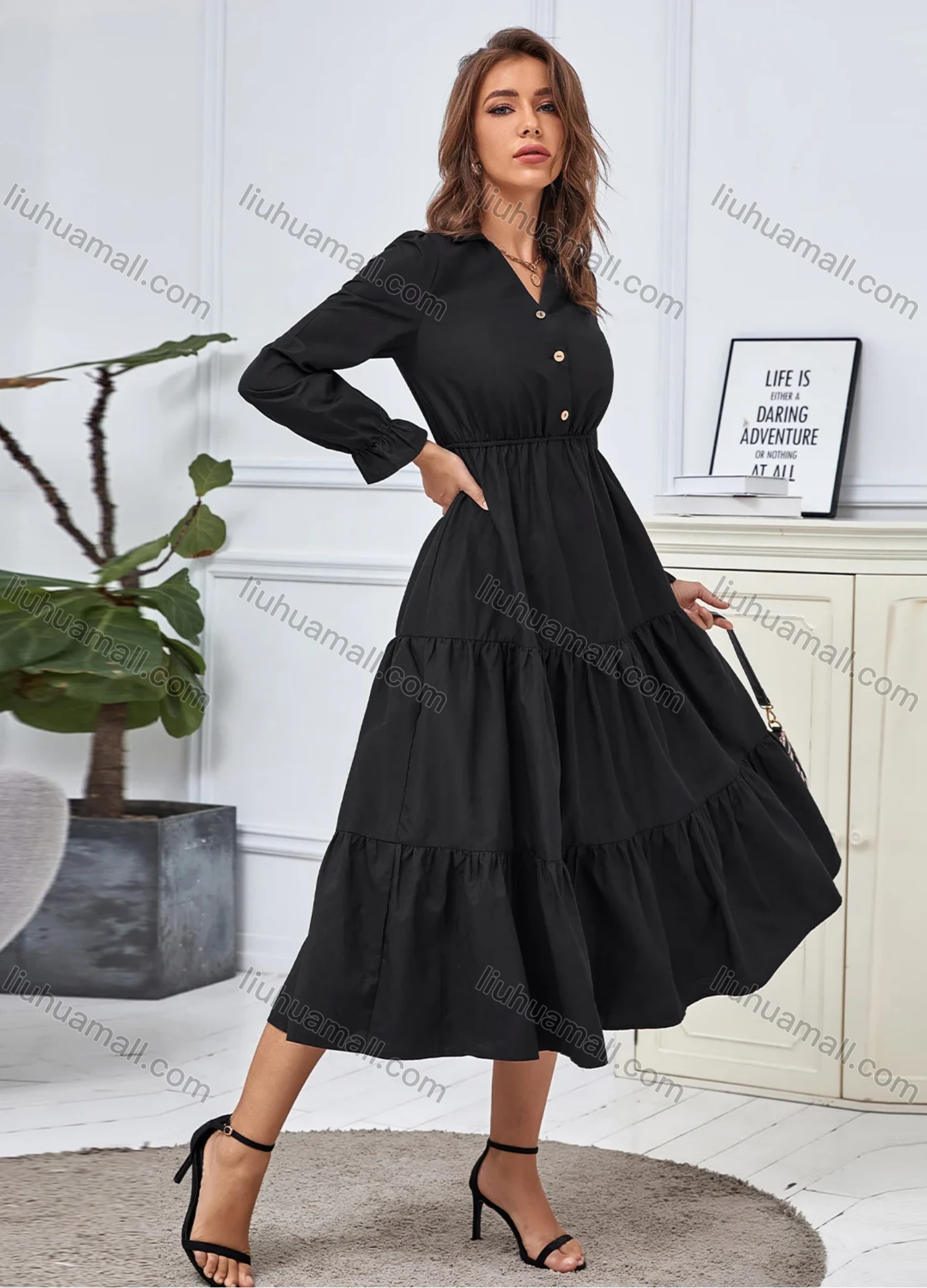 Wholesale Women's Turn-down Collar Long Sleeve Button Front Flared Hem Plain Casual Midi Shirt Dress 3278X# - Liuhuamall