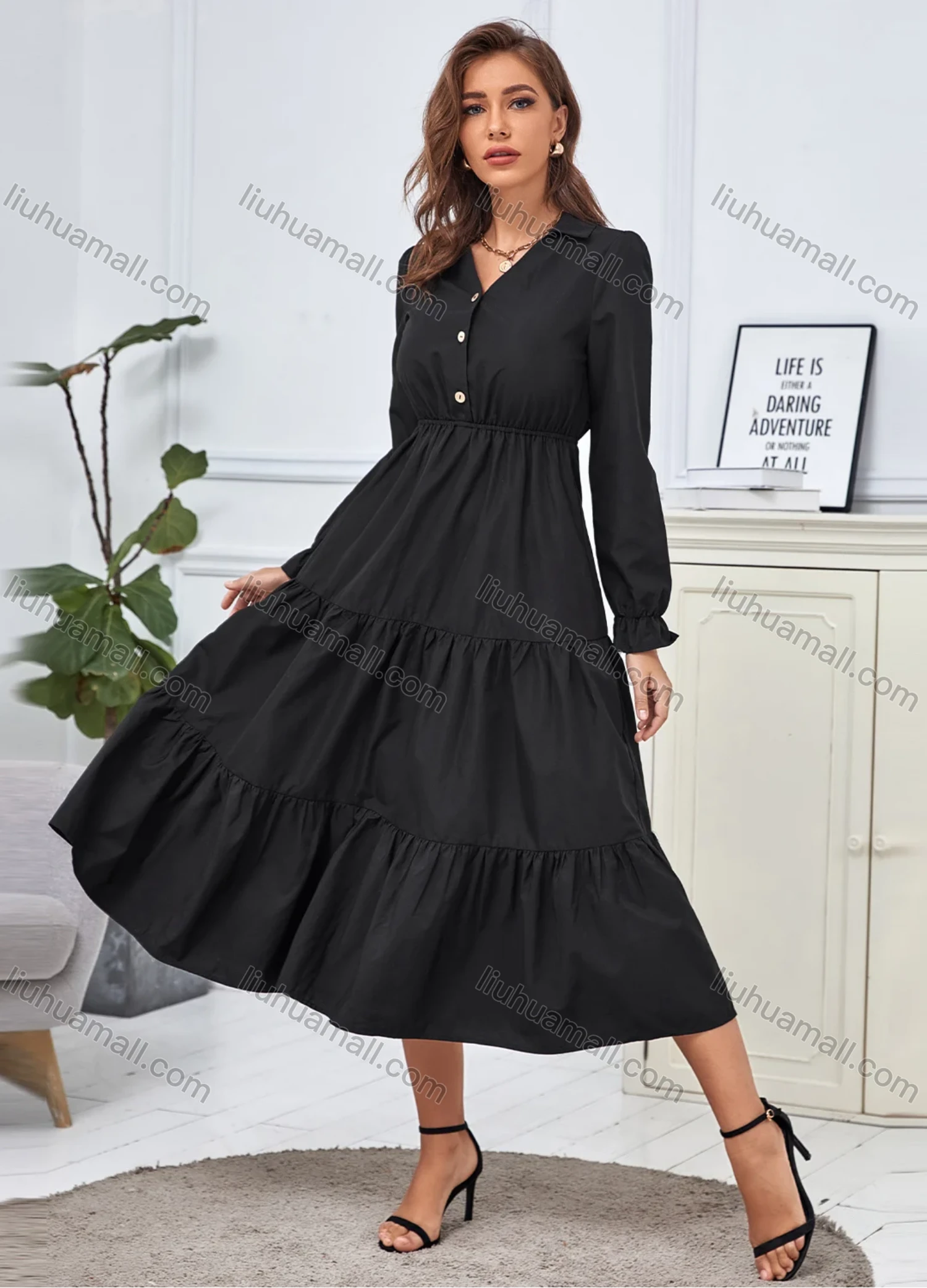 Wholesale Women's Turn-down Collar Long Sleeve Button Front Flared Hem Plain Casual Midi Shirt Dress 3278X# - Liuhuamall