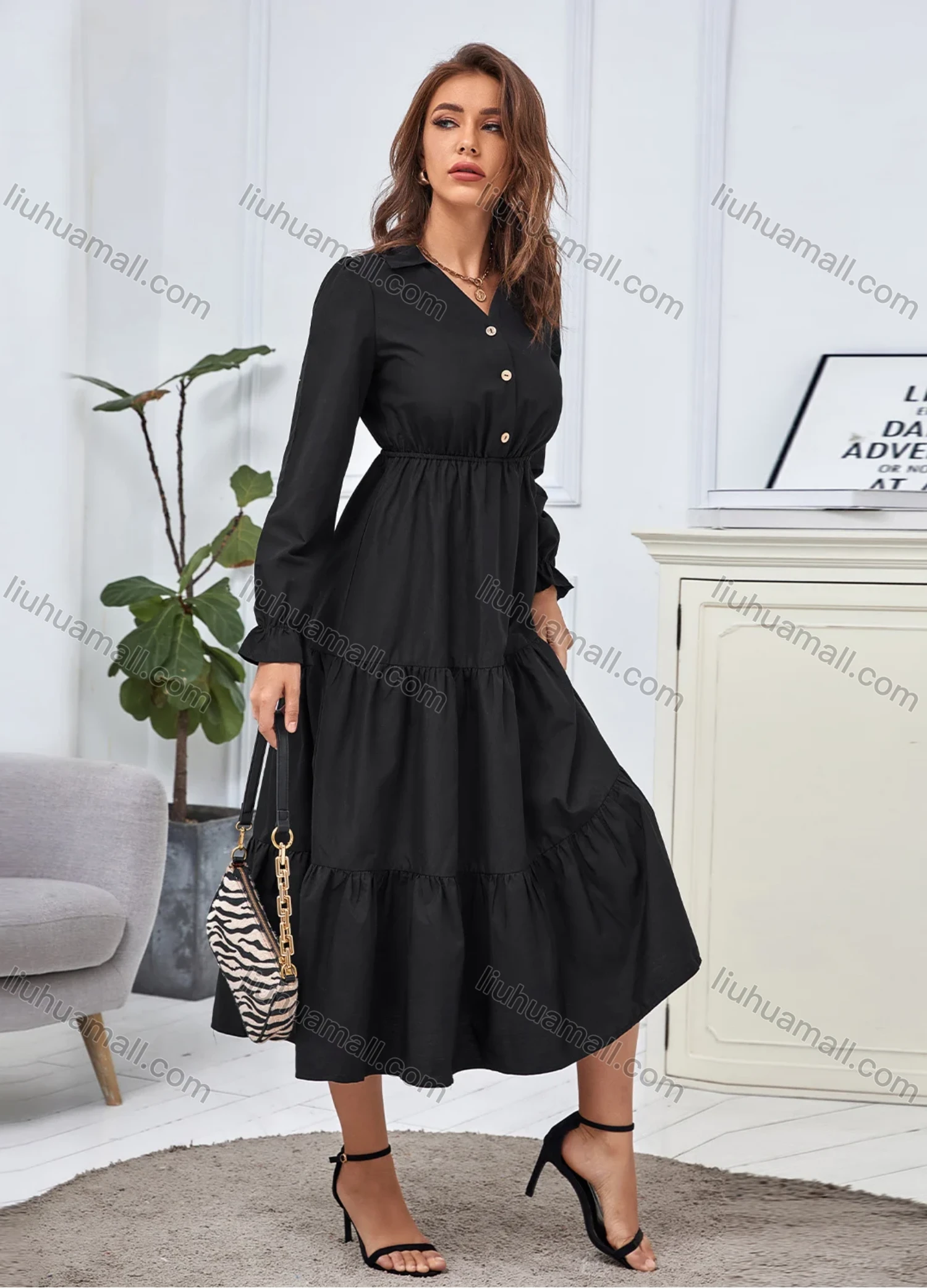 Wholesale Women's Turn-down Collar Long Sleeve Button Front Flared Hem Plain Casual Midi Shirt Dress 3278X# - Liuhuamall