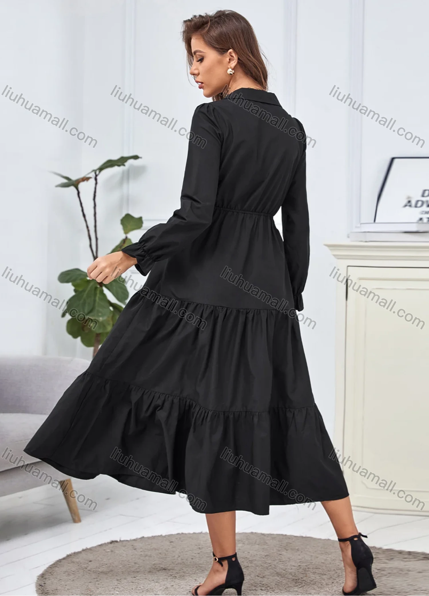 Wholesale Women's Turn-down Collar Long Sleeve Button Front Flared Hem Plain Casual Midi Shirt Dress 3278X# - Liuhuamall