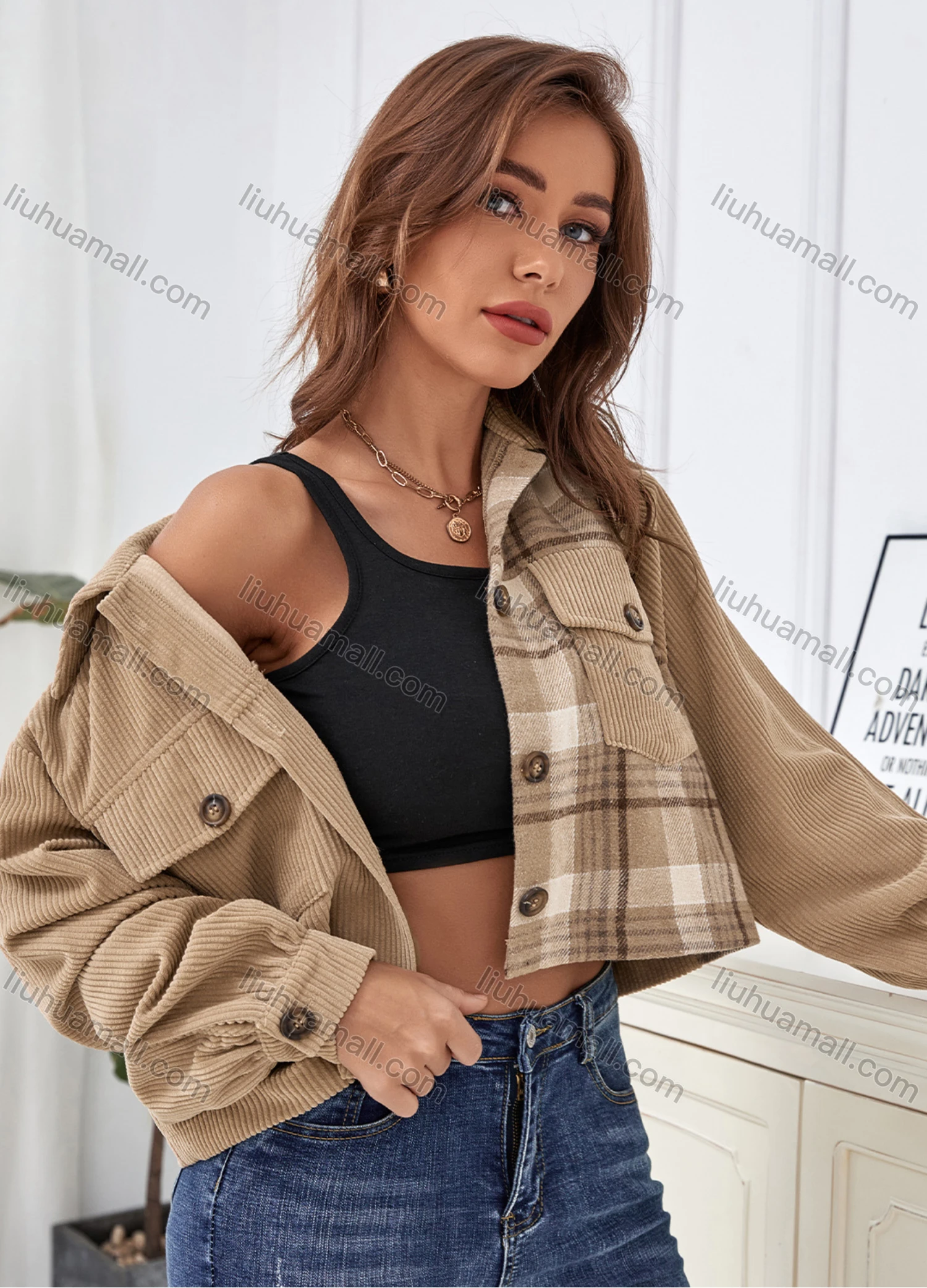 Wholesale Women's Lapel Button Front Splicing Plaid Print Corduroy Casual Crop Jacket With Flap Pocket A21229X# - Liuhuamall