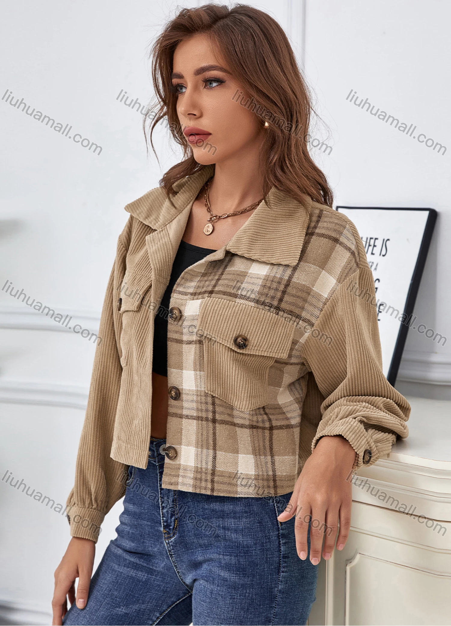 Wholesale Women's Lapel Button Front Splicing Plaid Print Corduroy Casual Crop Jacket With Flap Pocket A21229X# - Liuhuamall