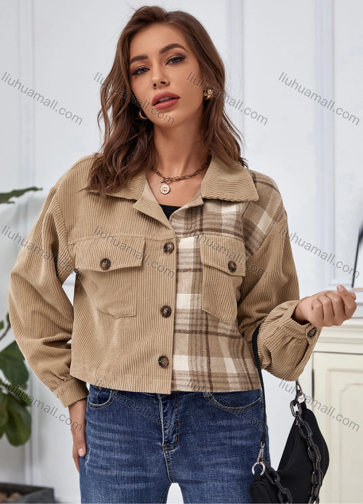Wholesale Women's Lapel Button Front Splicing Plaid Print Corduroy Casual Crop Jacket With Flap Pocket A21229X# - Liuhuamall