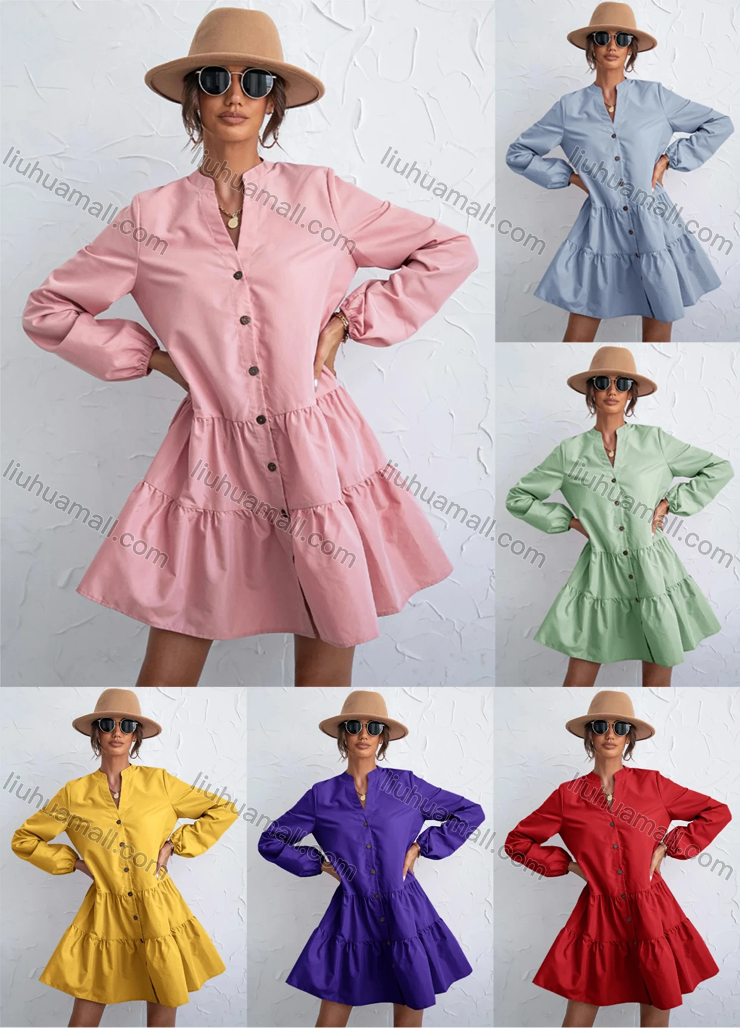 Wholesale Women's Casual Puff Sleeve Button Down Ruffle Hem Plain Belted Shirt Dress X2465X# - Liuhuamall