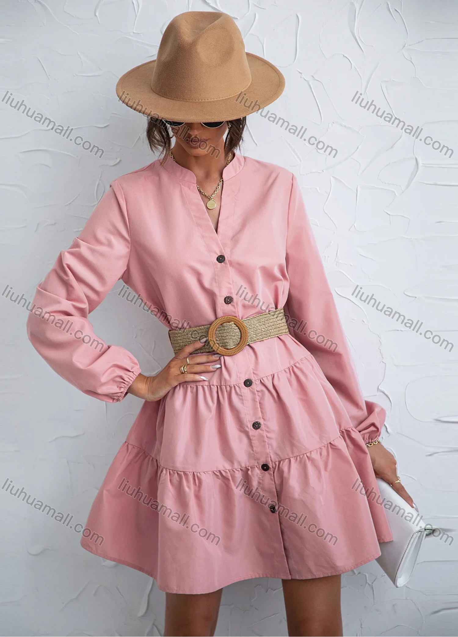 Wholesale Women's Casual Puff Sleeve Button Down Ruffle Hem Plain Belted Shirt Dress X2465X# - Liuhuamall