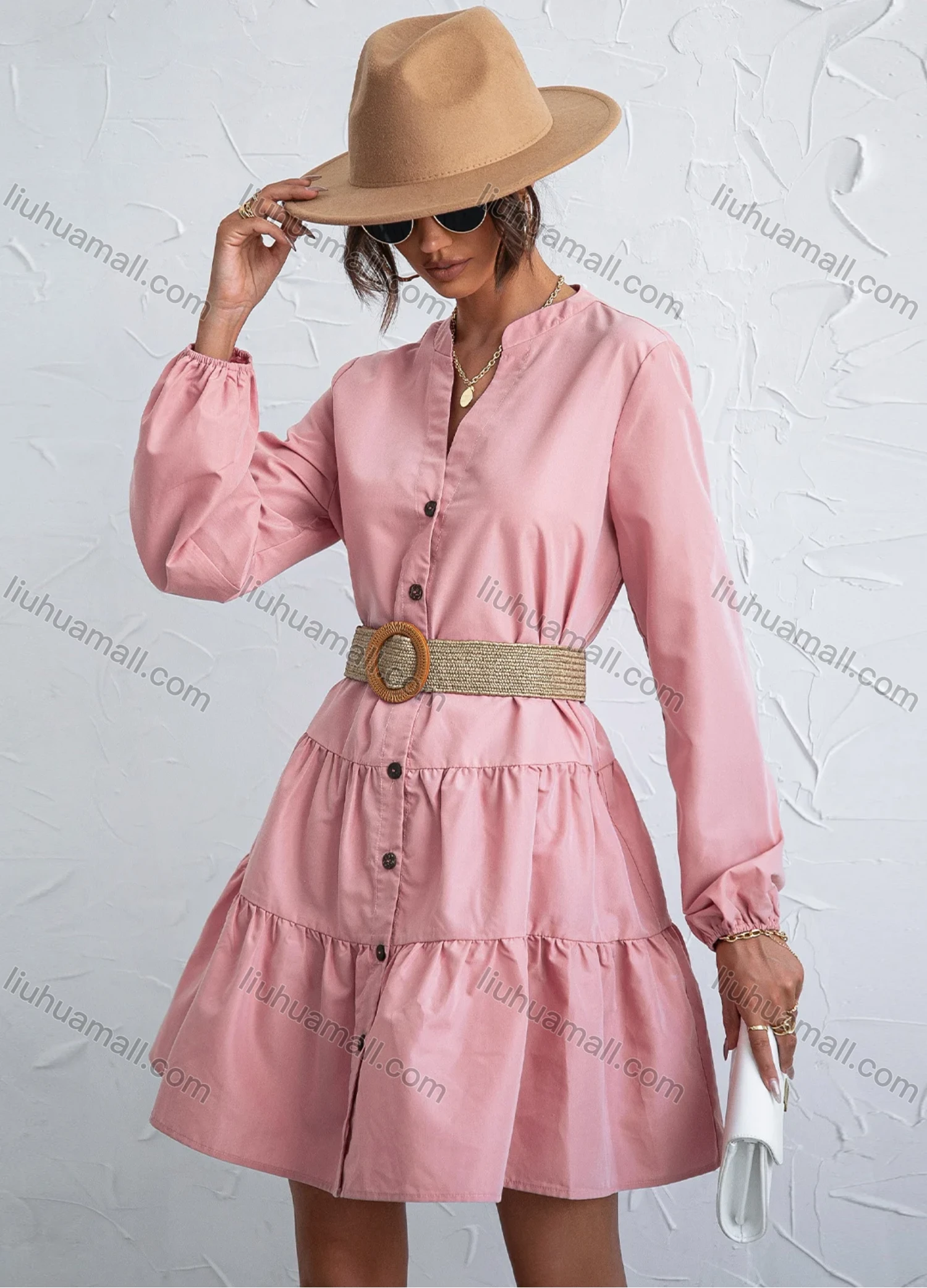 Wholesale Women's Casual Puff Sleeve Button Down Ruffle Hem Plain Belted Shirt Dress X2465X# - Liuhuamall