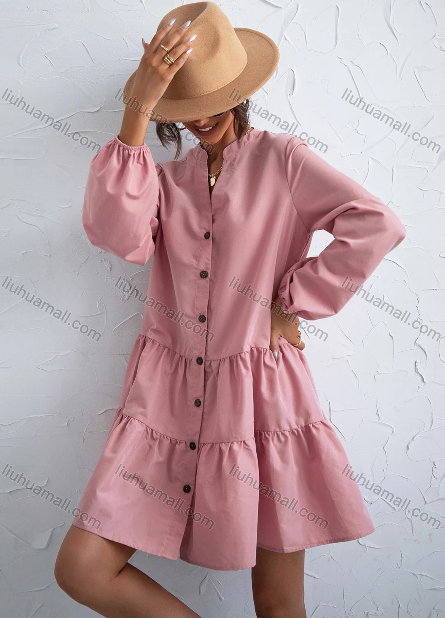 Wholesale Women's Casual Puff Sleeve Button Down Ruffle Hem Plain Belted Shirt Dress X2465X# - Liuhuamall