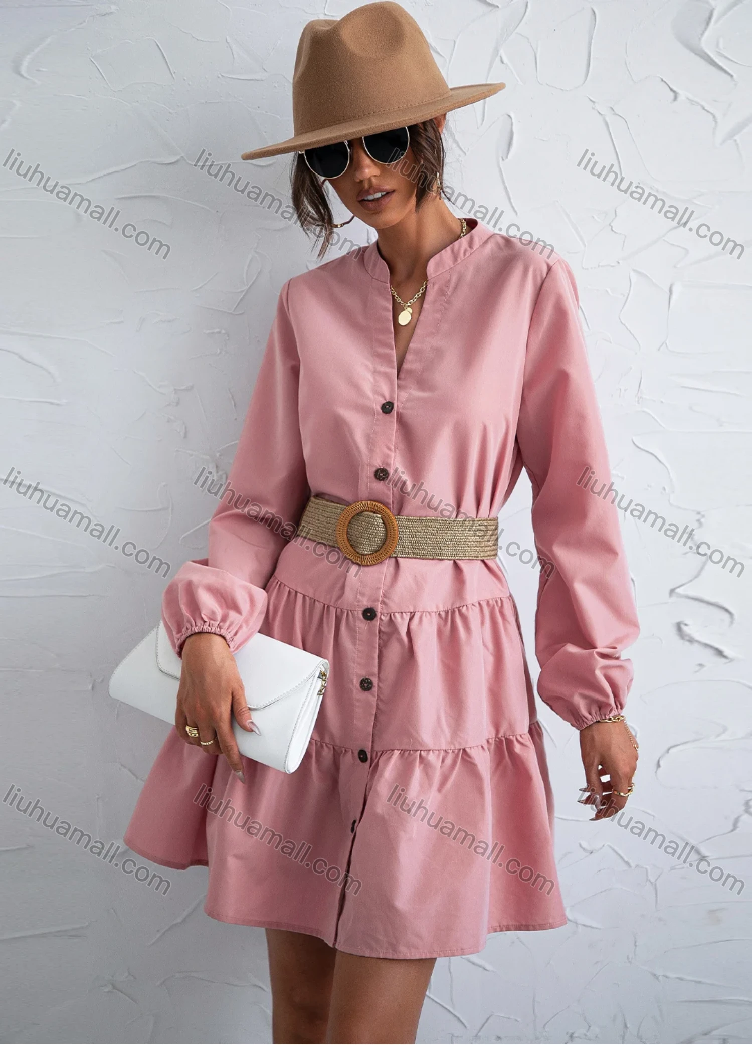Wholesale Women's Casual Puff Sleeve Button Down Ruffle Hem Plain Belted Shirt Dress X2465X# - Liuhuamall