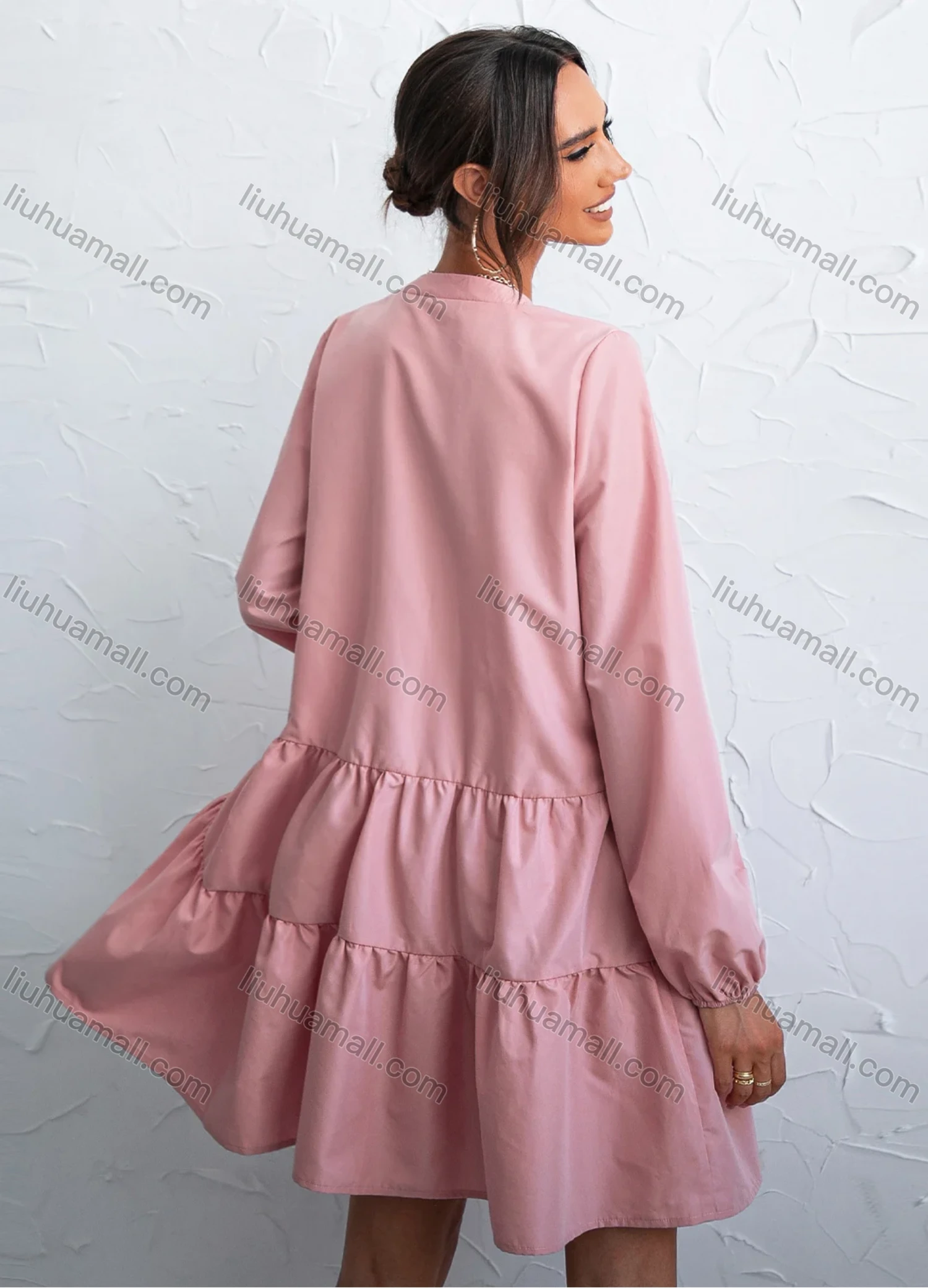 Wholesale Women's Casual Puff Sleeve Button Down Ruffle Hem Plain Belted Shirt Dress X2465X# - Liuhuamall