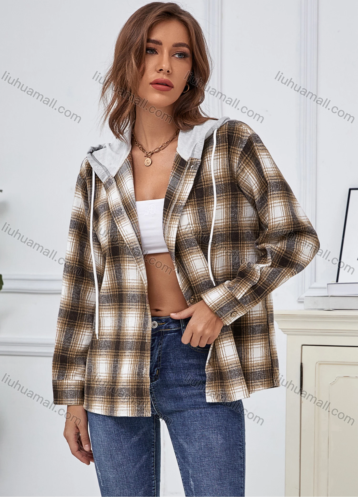 Wholesale Women's Casual Long Sleeve Plaid Print Overshirt With Hood X2525X# - Liuhuamall