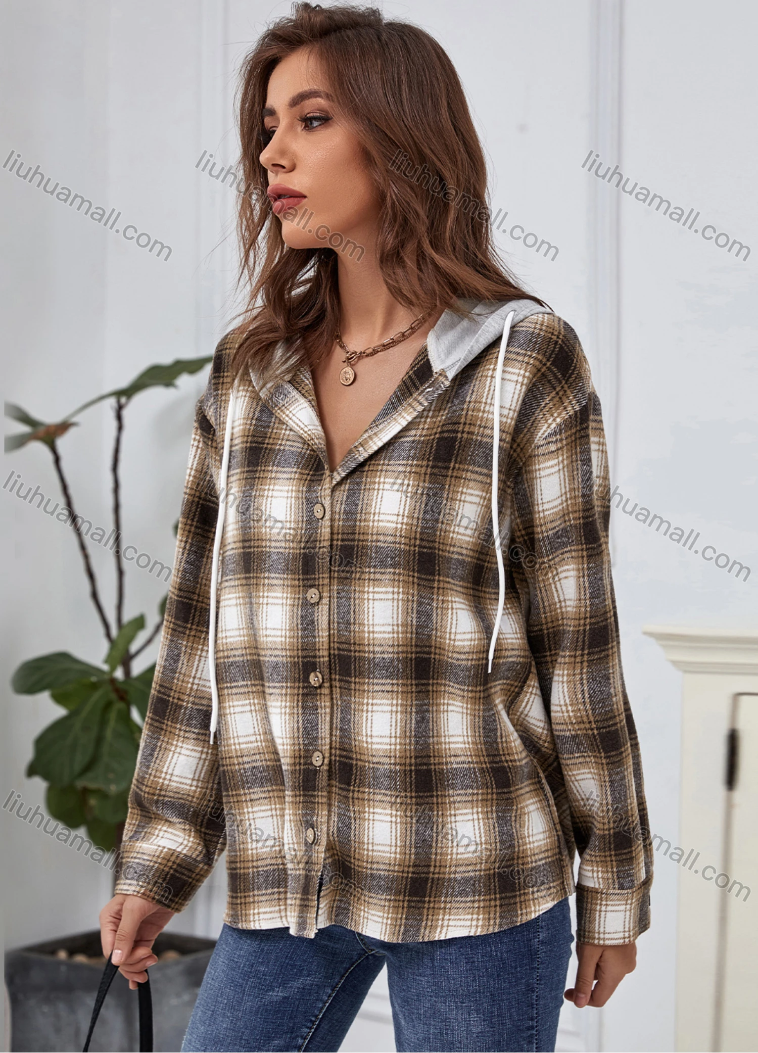 Wholesale Women's Casual Long Sleeve Plaid Print Overshirt With Hood X2525X# - Liuhuamall