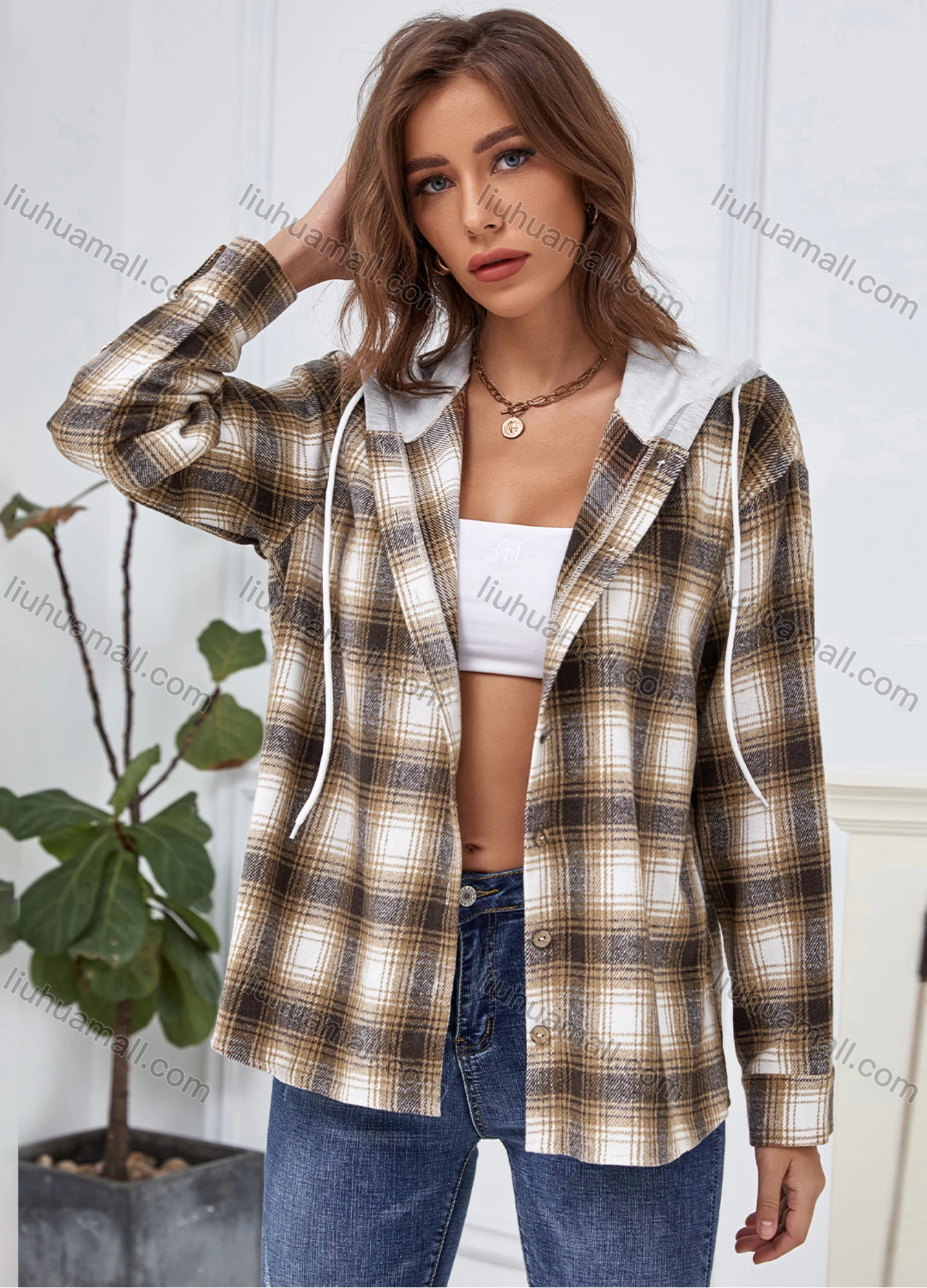 Wholesale Women's Casual Long Sleeve Plaid Print Overshirt With Hood X2525X# - Liuhuamall