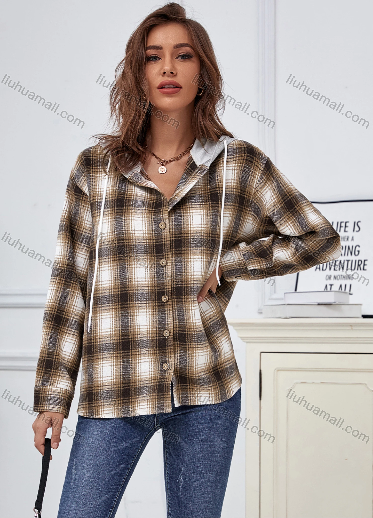 Wholesale Women's Casual Long Sleeve Plaid Print Overshirt With Hood X2525X# - Liuhuamall