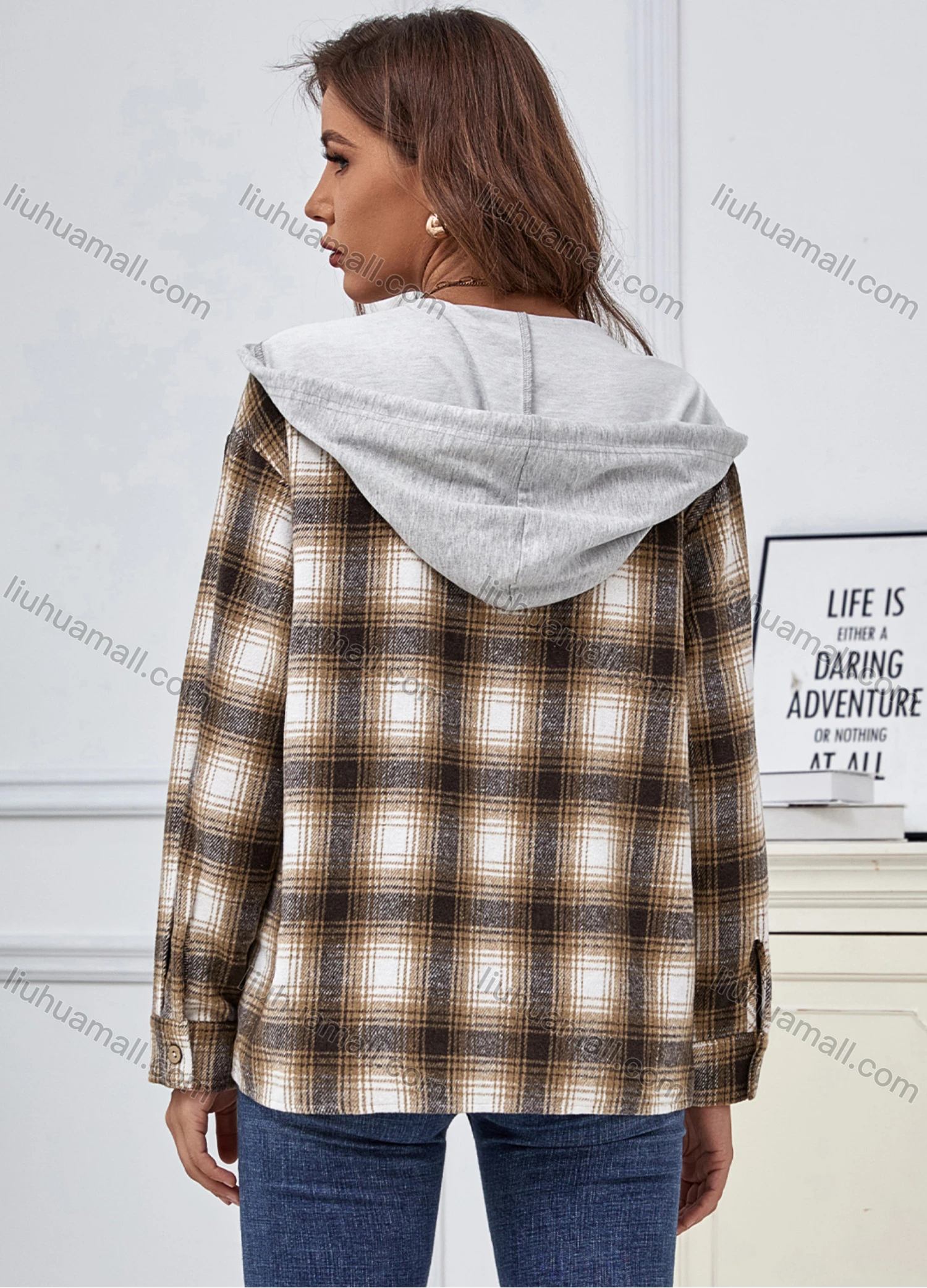 Wholesale Women's Casual Long Sleeve Plaid Print Overshirt With Hood X2525X# - Liuhuamall