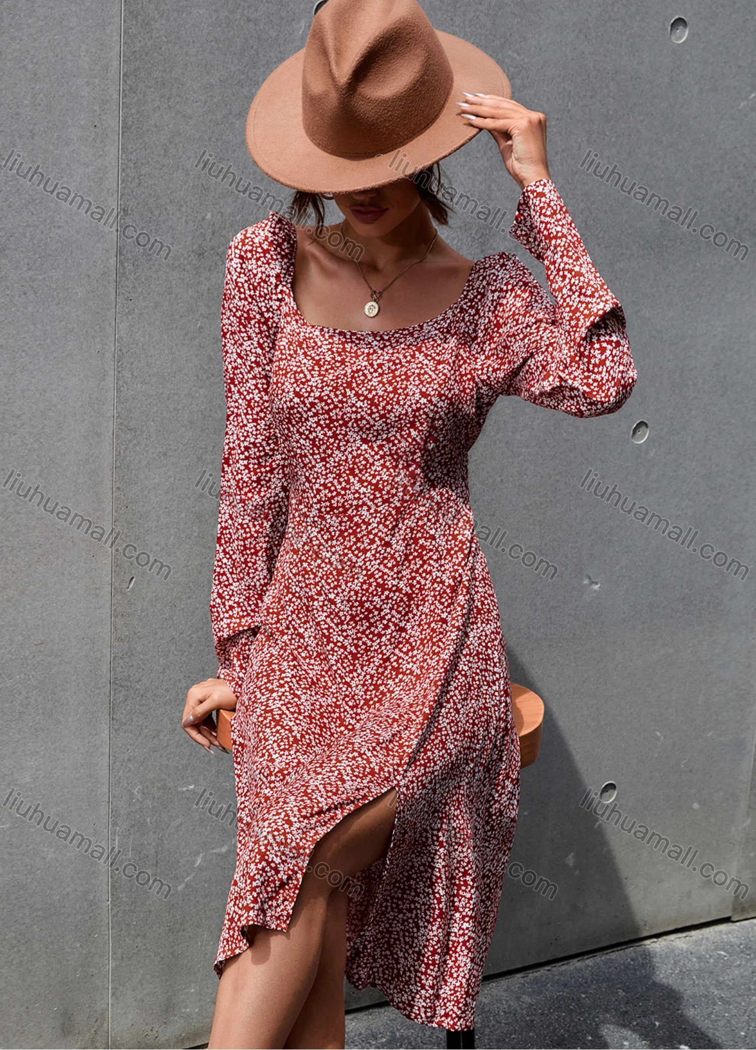 Wholesale Women's Long Sleeve Square Neck Allover Floral Print Split Front Casual Dress 3241G# - Liuhuamall