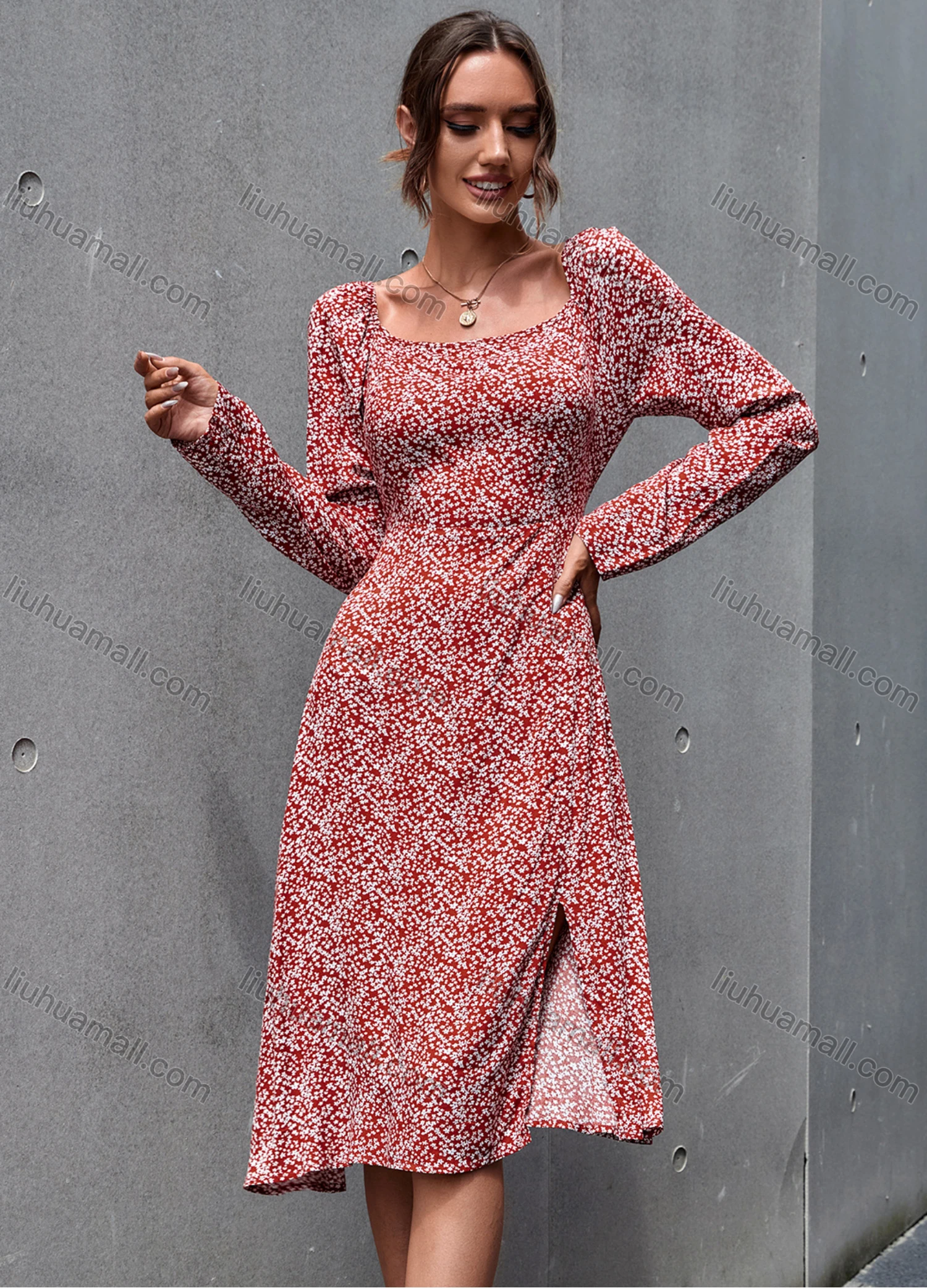 Wholesale Women's Long Sleeve Square Neck Allover Floral Print Split Front Casual Dress 3241G# - Liuhuamall