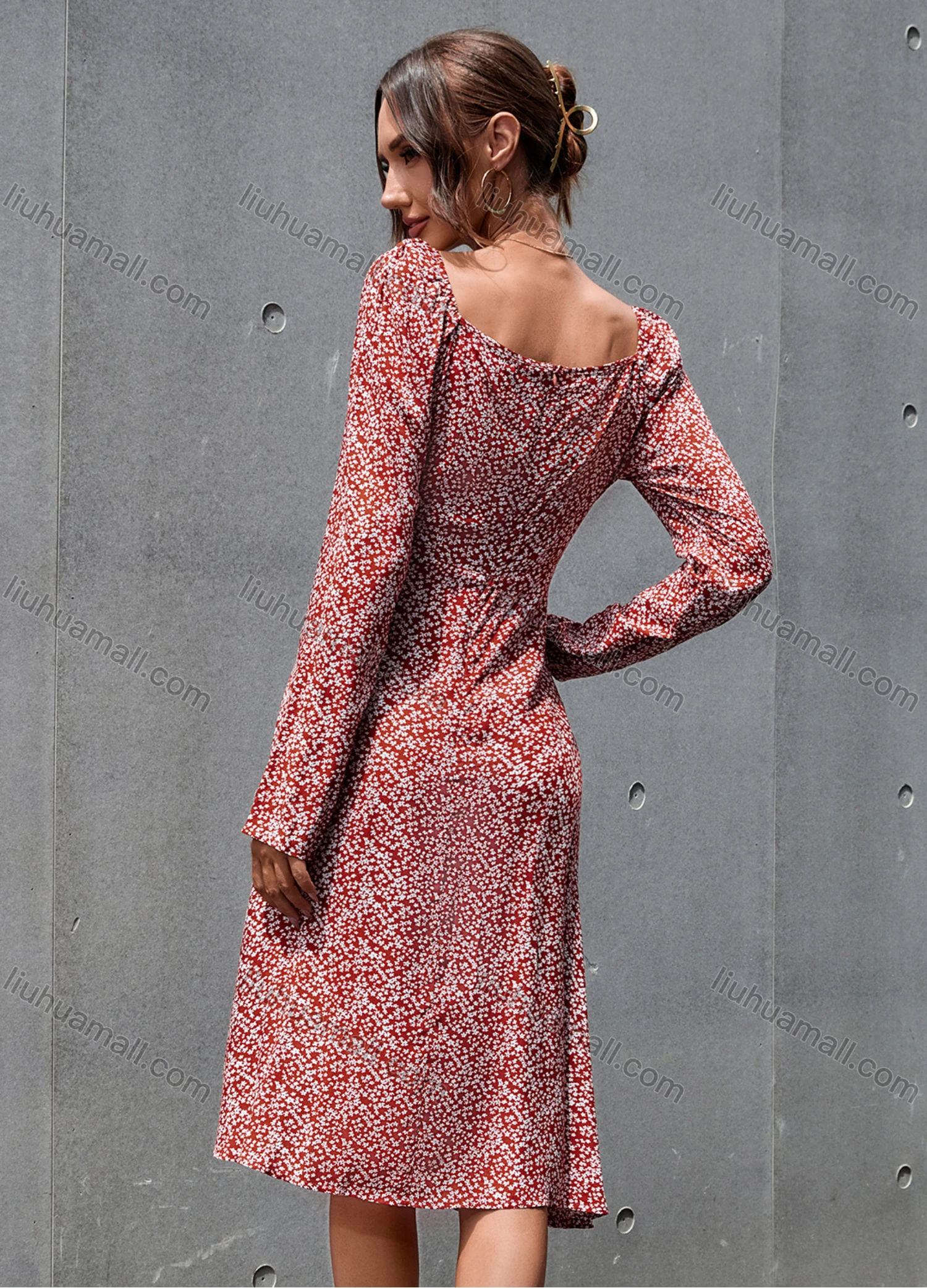 Wholesale Women's Long Sleeve Square Neck Allover Floral Print Split Front Casual Dress 3241G# - Liuhuamall