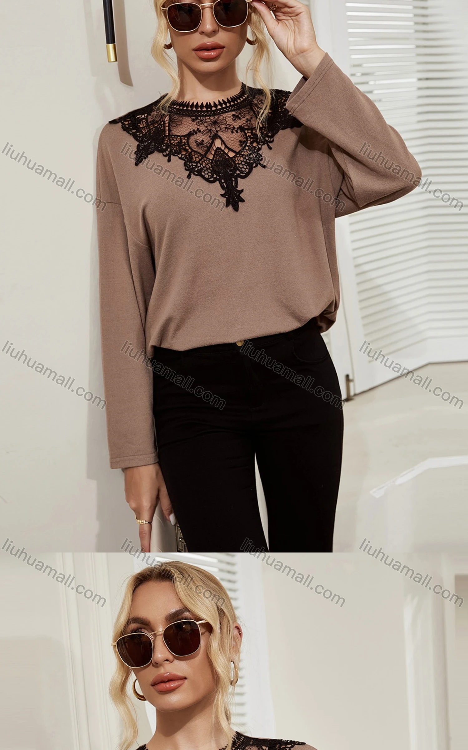 Wholesale Women's Elegant Long Sleeve Lace Embroidery Neck Plain Blouse A21286X# - Liuhuamall