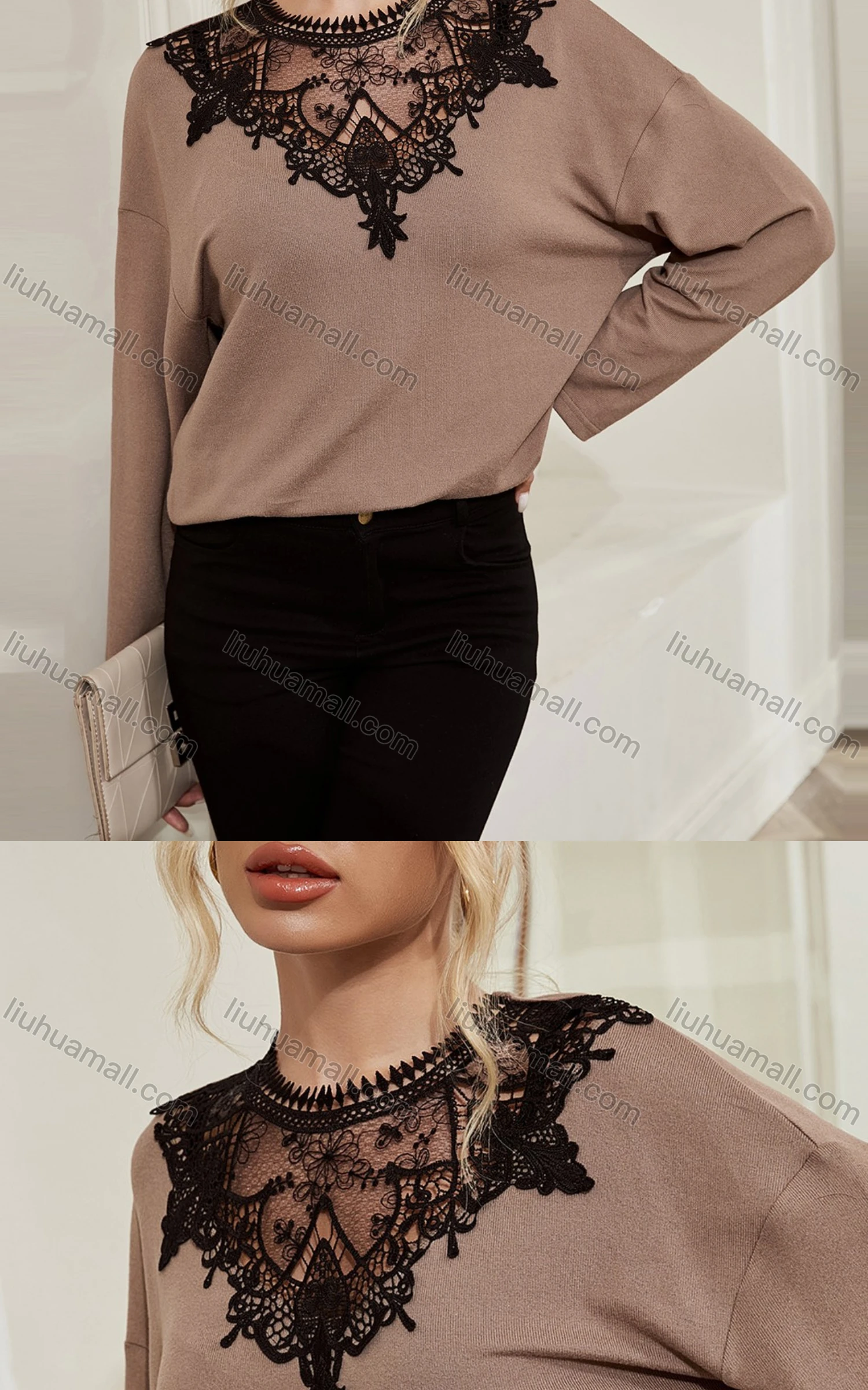 Wholesale Women's Elegant Long Sleeve Lace Embroidery Neck Plain Blouse A21286X# - Liuhuamall