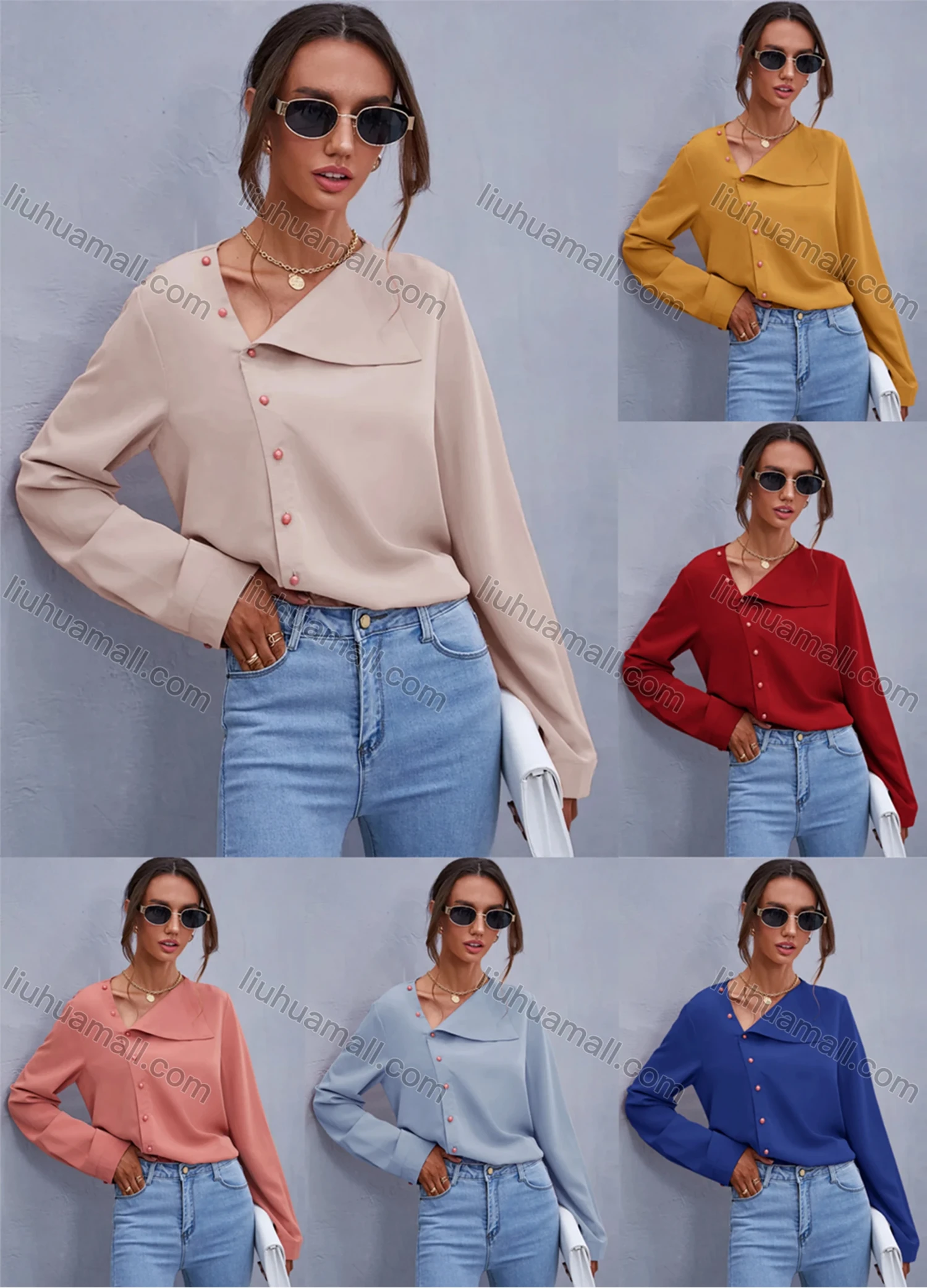 Wholesale Women's Fashion Asymmetrical Neck Button Side Plain Long Sleeve Top X2504X# - Liuhuamall