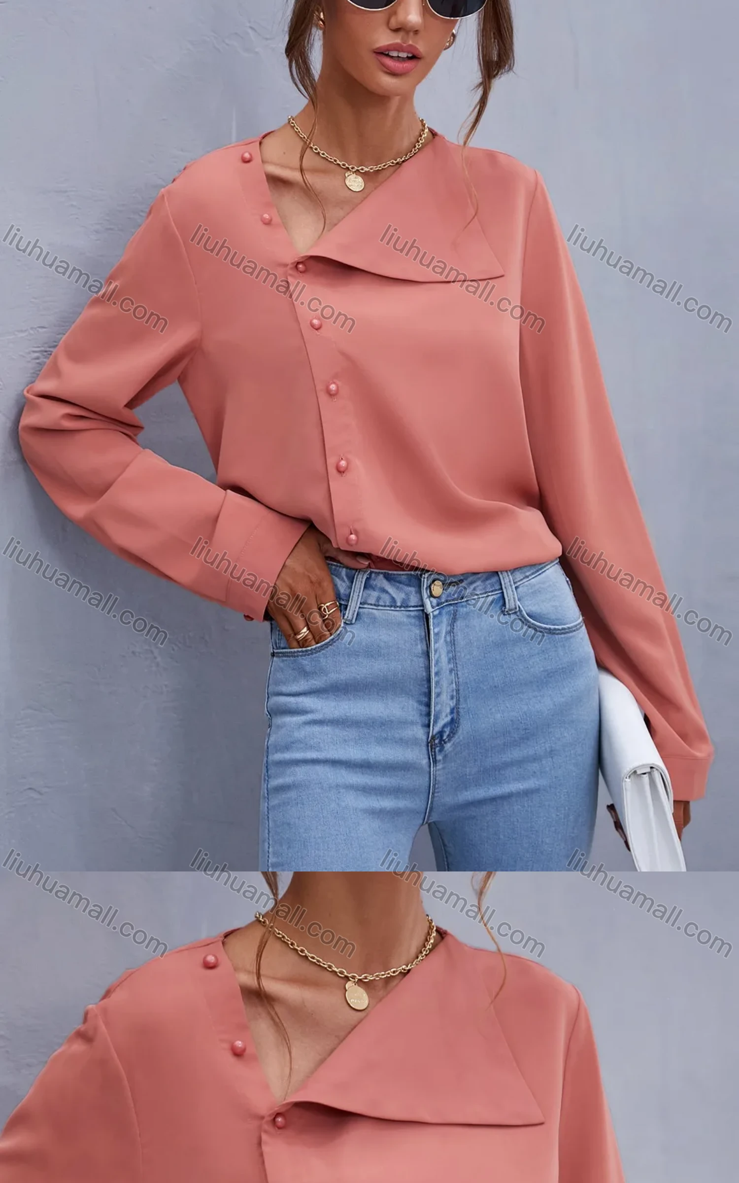 Wholesale Women's Fashion Asymmetrical Neck Button Side Plain Long Sleeve Top X2504X# - Liuhuamall