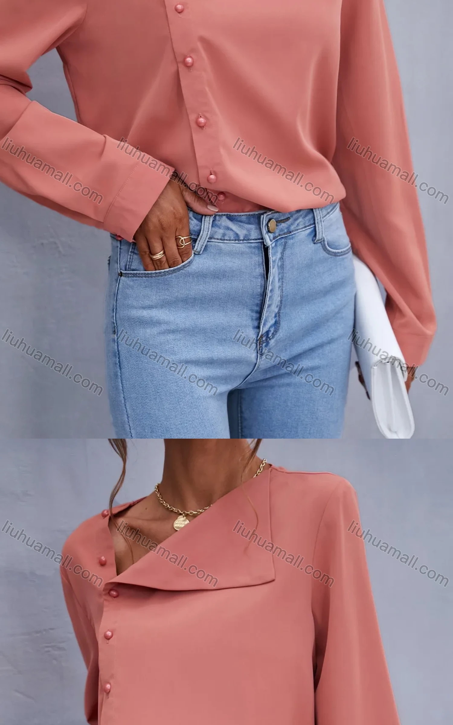 Wholesale Women's Fashion Asymmetrical Neck Button Side Plain Long Sleeve Top X2504X# - Liuhuamall