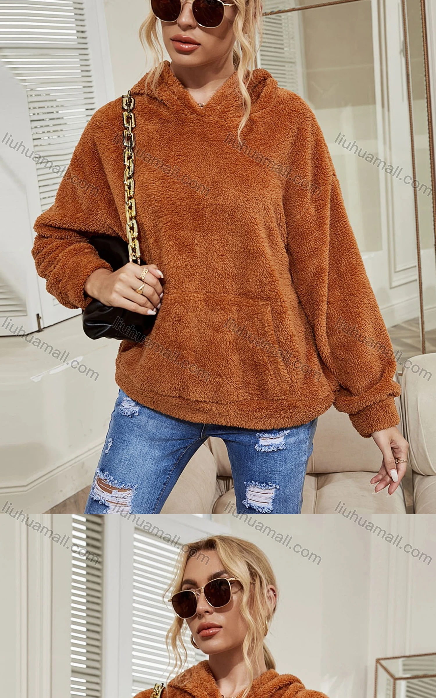 Wholesale Women's Casual Plain Fuzzy Drop Shoulder Hooded Sweatshirt With Kangaroo Pocket A21232W# - Liuhuamall