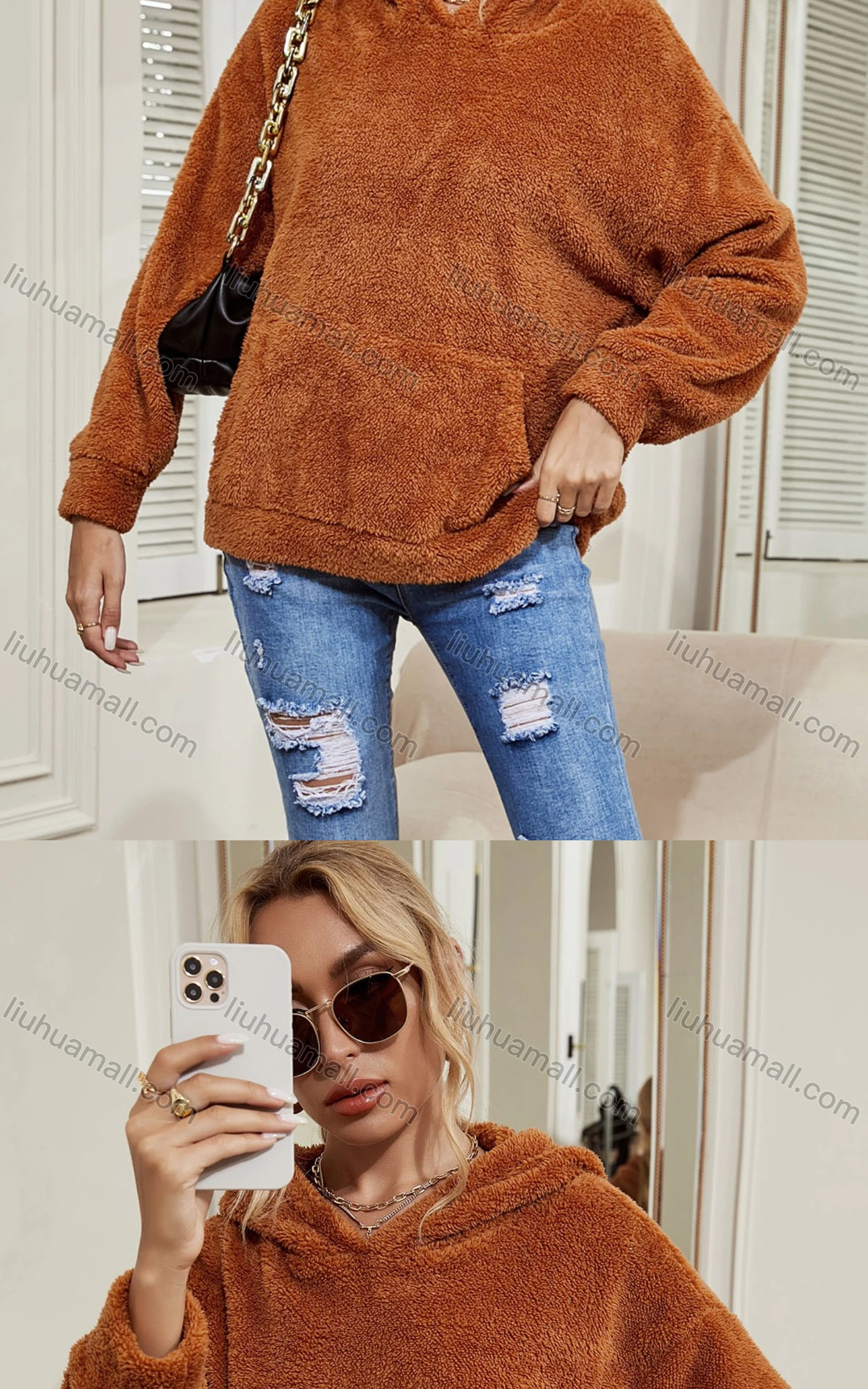 Wholesale Women's Casual Plain Fuzzy Drop Shoulder Hooded Sweatshirt With Kangaroo Pocket A21232W# - Liuhuamall