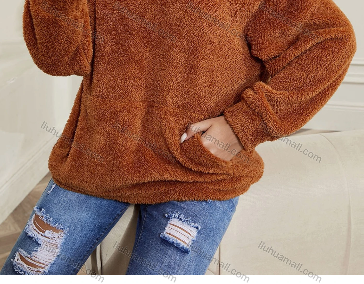 Wholesale Women's Casual Plain Fuzzy Drop Shoulder Hooded Sweatshirt With Kangaroo Pocket A21232W# - Liuhuamall