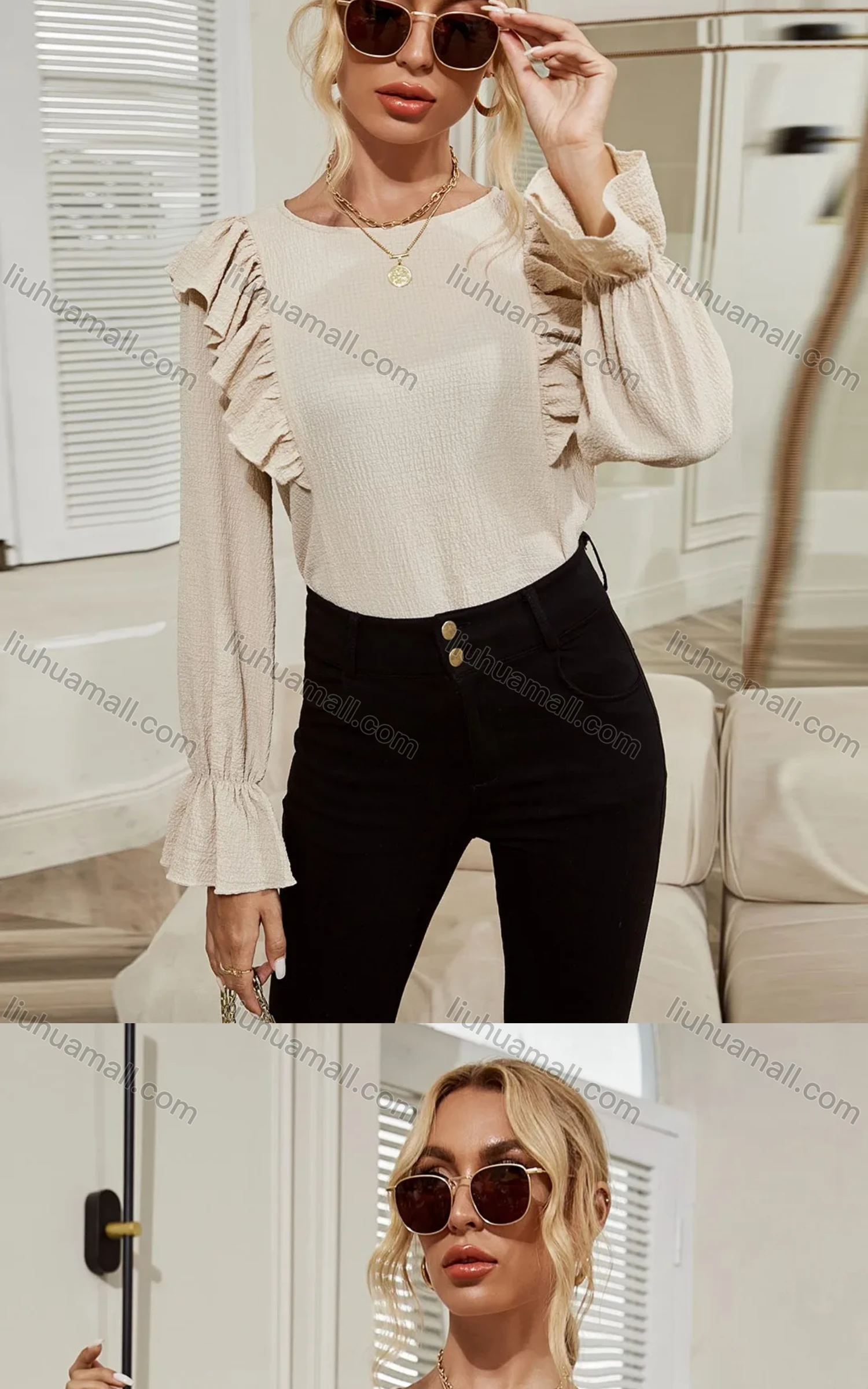 Wholesale Women's Elegant Ruffle Trim Plain Long Sleeve Blouse X2567X# - Liuhuamall