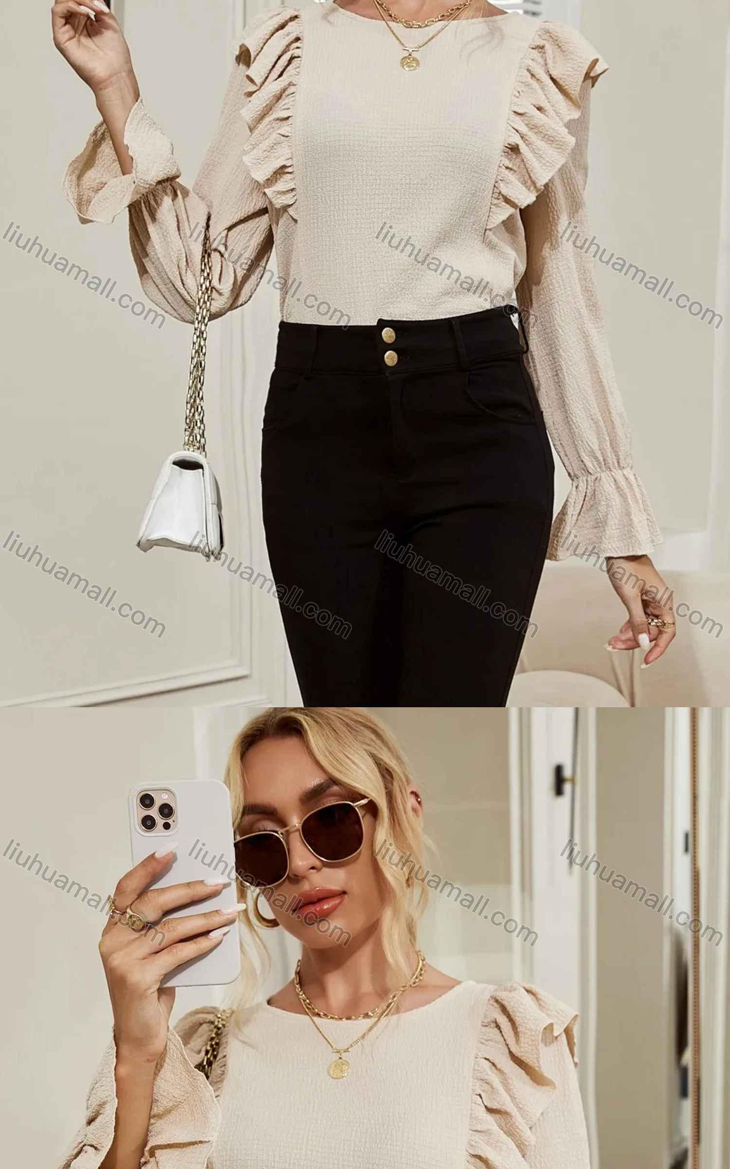 Wholesale Women's Elegant Ruffle Trim Plain Long Sleeve Blouse X2567X# - Liuhuamall