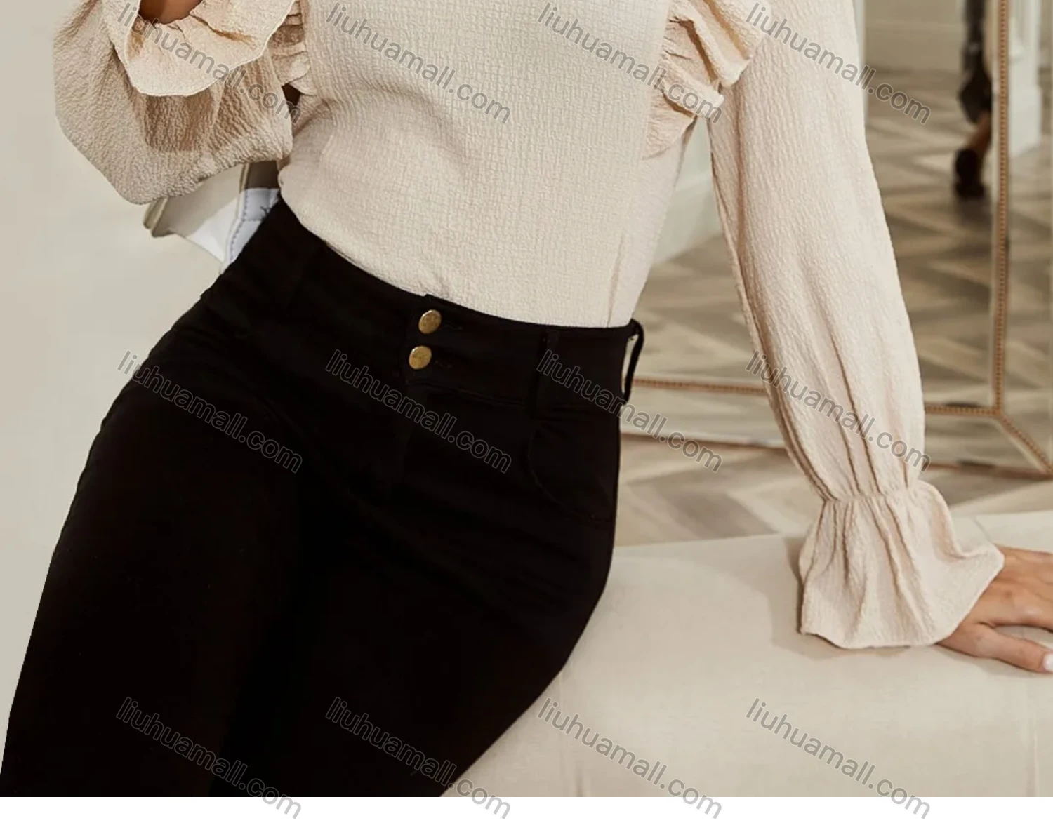 Wholesale Women's Elegant Ruffle Trim Plain Long Sleeve Blouse X2567X# - Liuhuamall