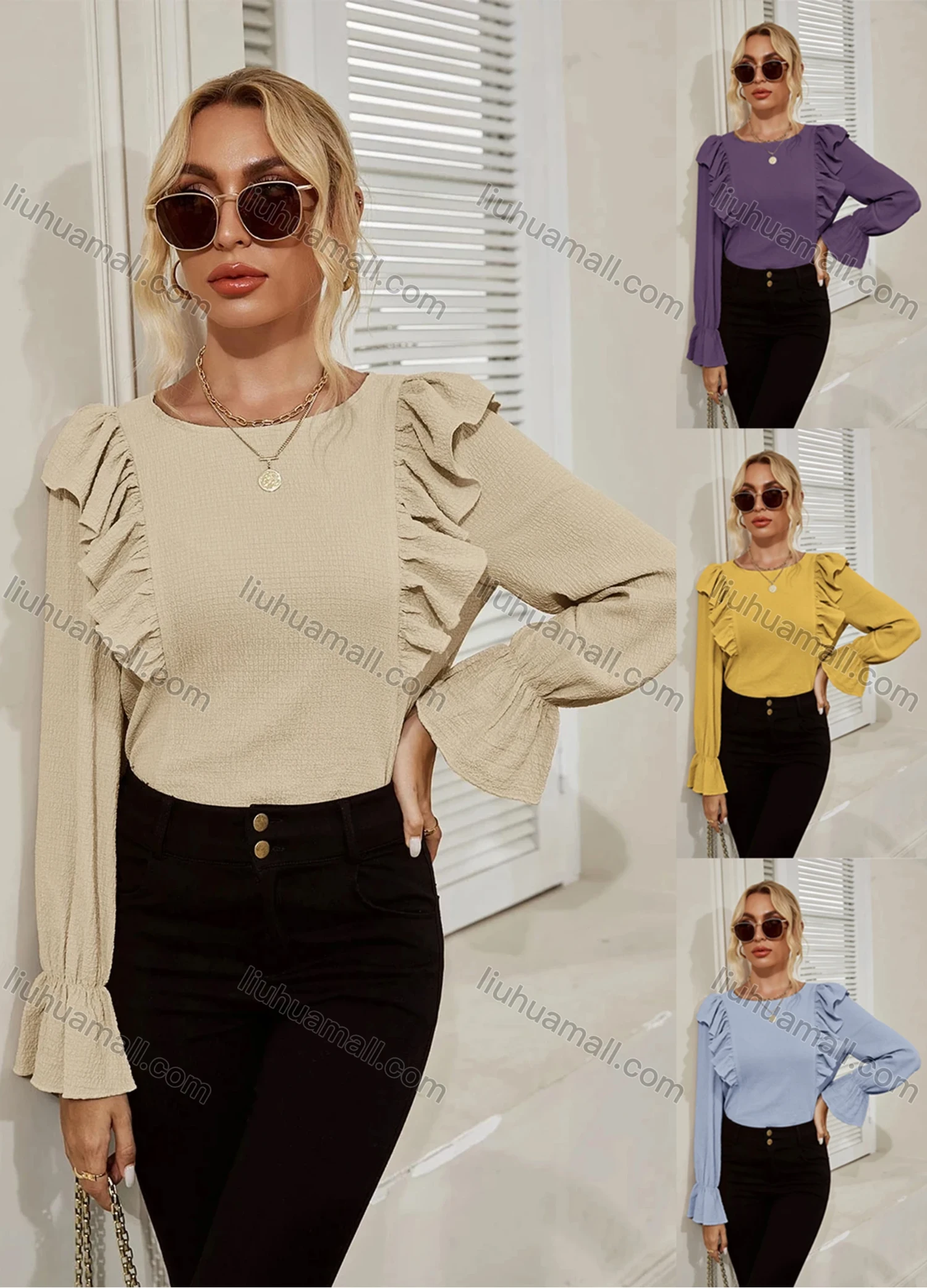 Wholesale Women's Elegant Ruffle Trim Plain Long Sleeve Blouse X2567X# - Liuhuamall
