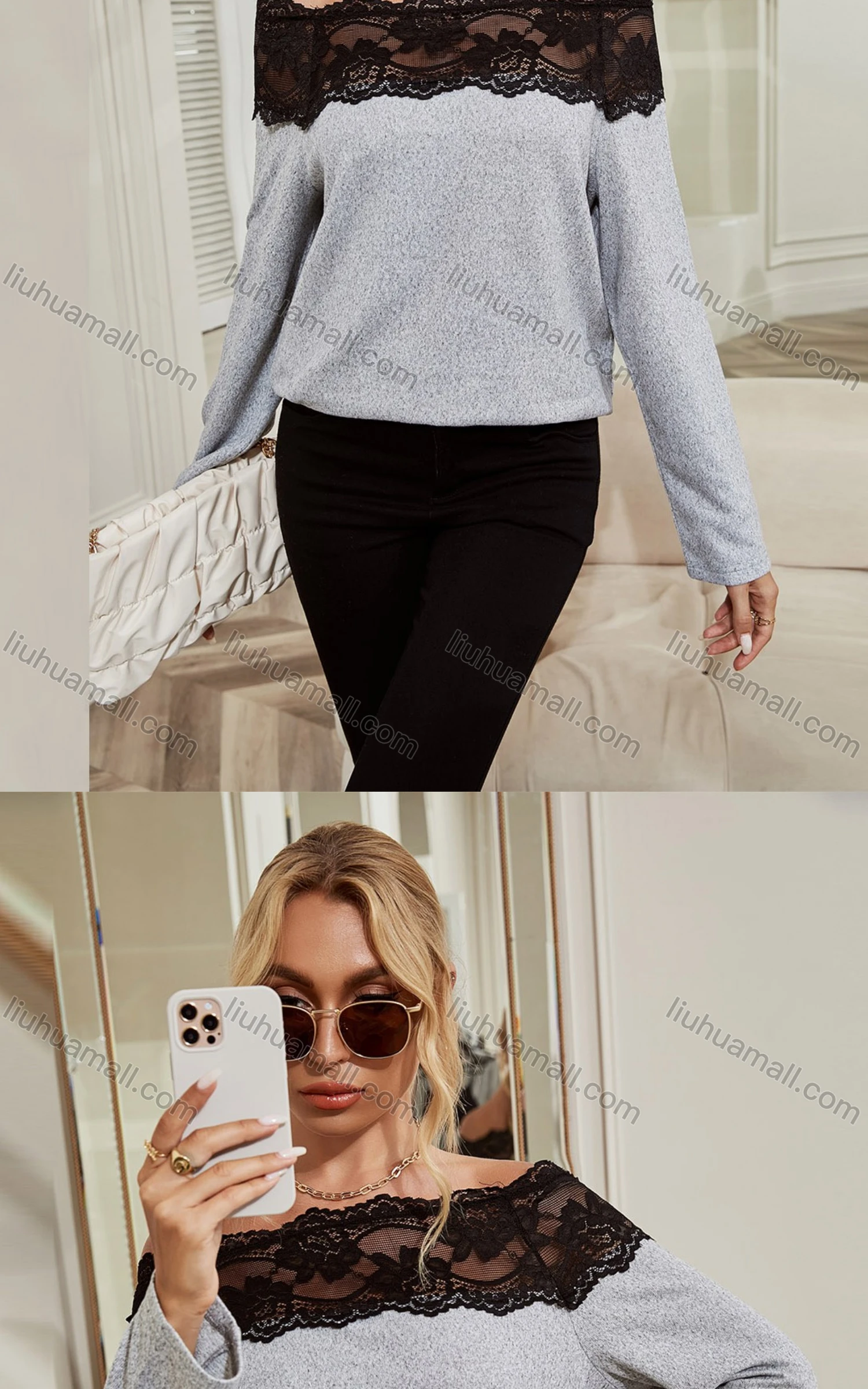 Wholesale Women's Casual Long Sleeve Off Shoulder Lace Trim Splicing Plain Blouse X2566L# - Liuhuamall