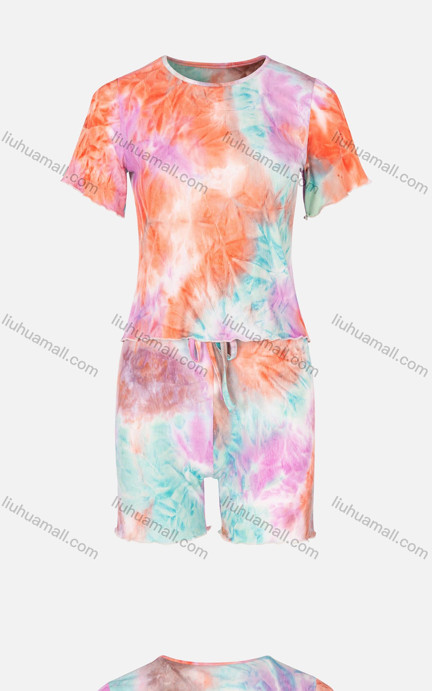 Wholesale Women's Casual Tie Dye Round Neck Short Sleeve T Shirt & Drawstring Shorts 2 Piece Sets - Liuhuamall