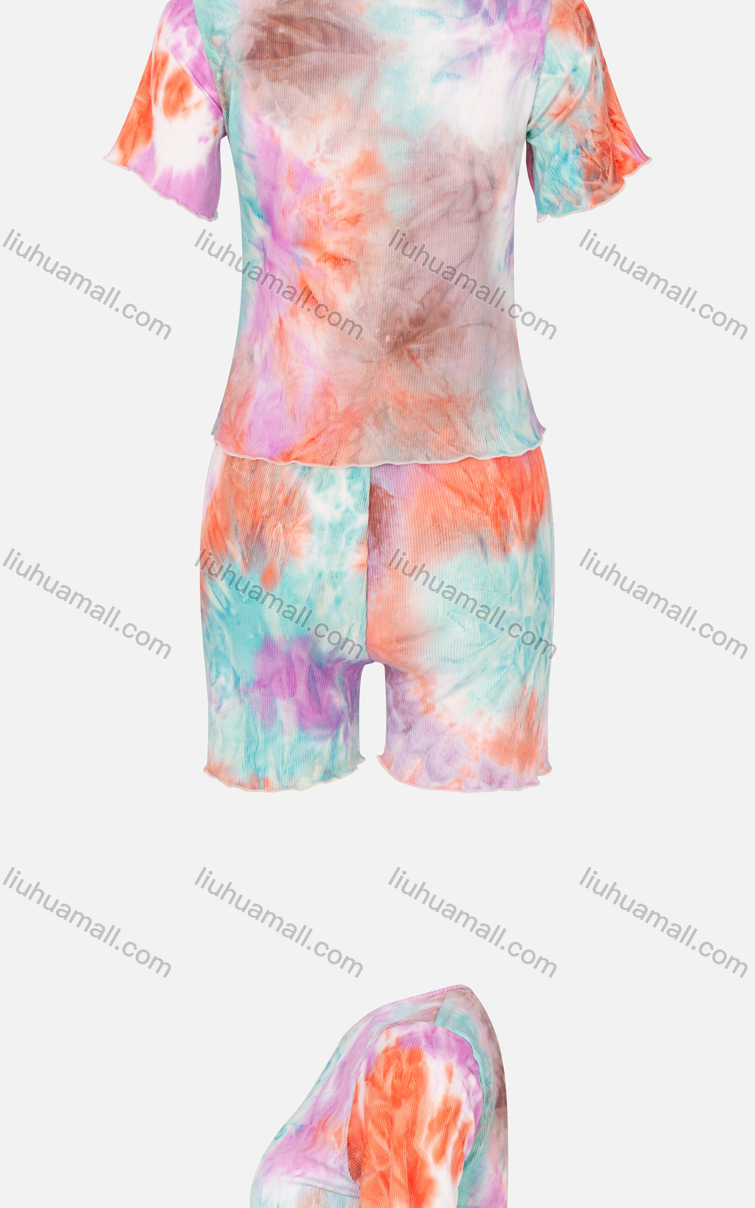 Wholesale Women's Casual Tie Dye Round Neck Short Sleeve T Shirt & Drawstring Shorts 2 Piece Sets - Liuhuamall
