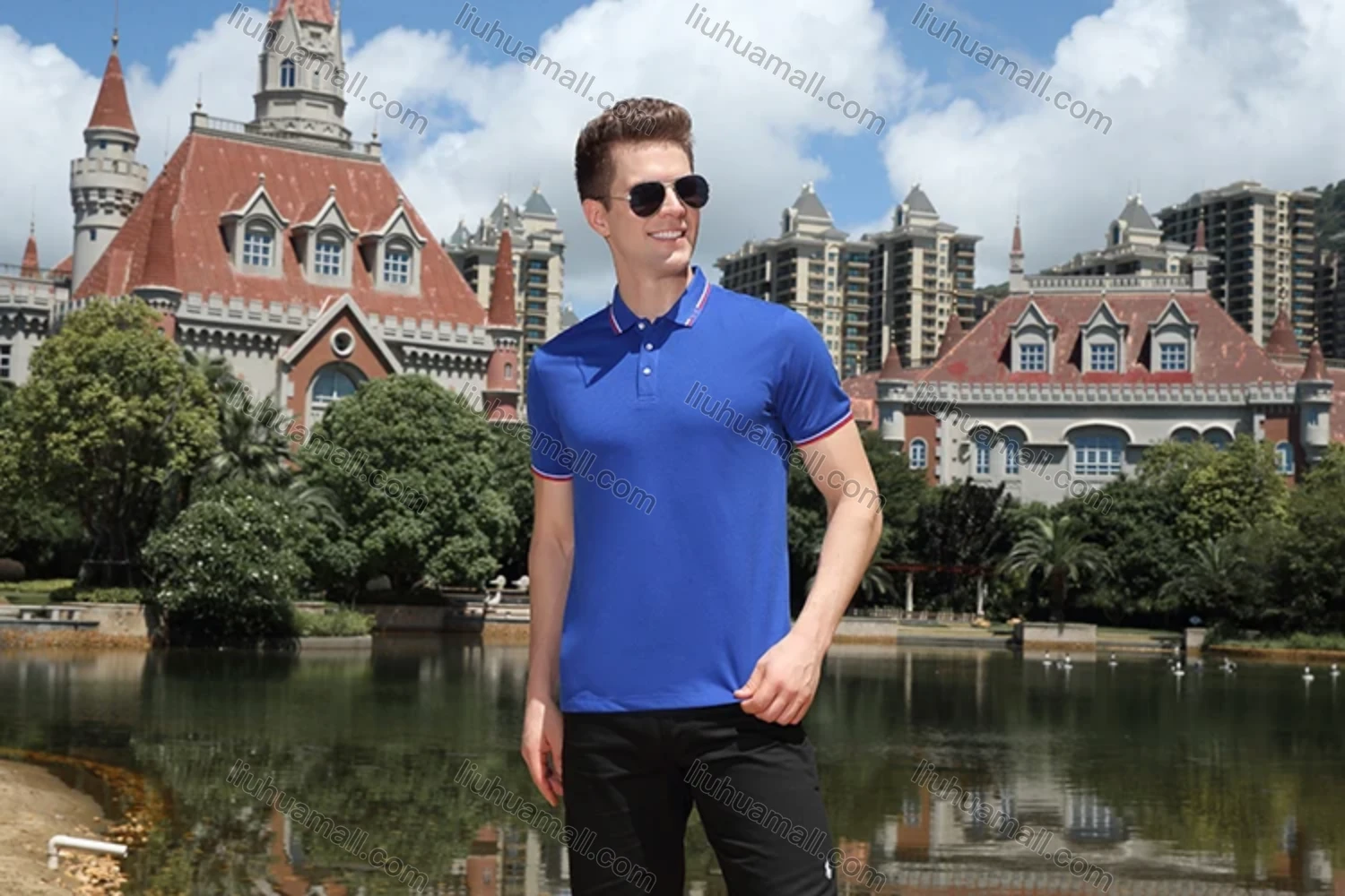 Wholesale Men's Casual Slim Fit Short Sleeve Contrast Striped Trim Polo Shirt 4003# - Liuhuamall