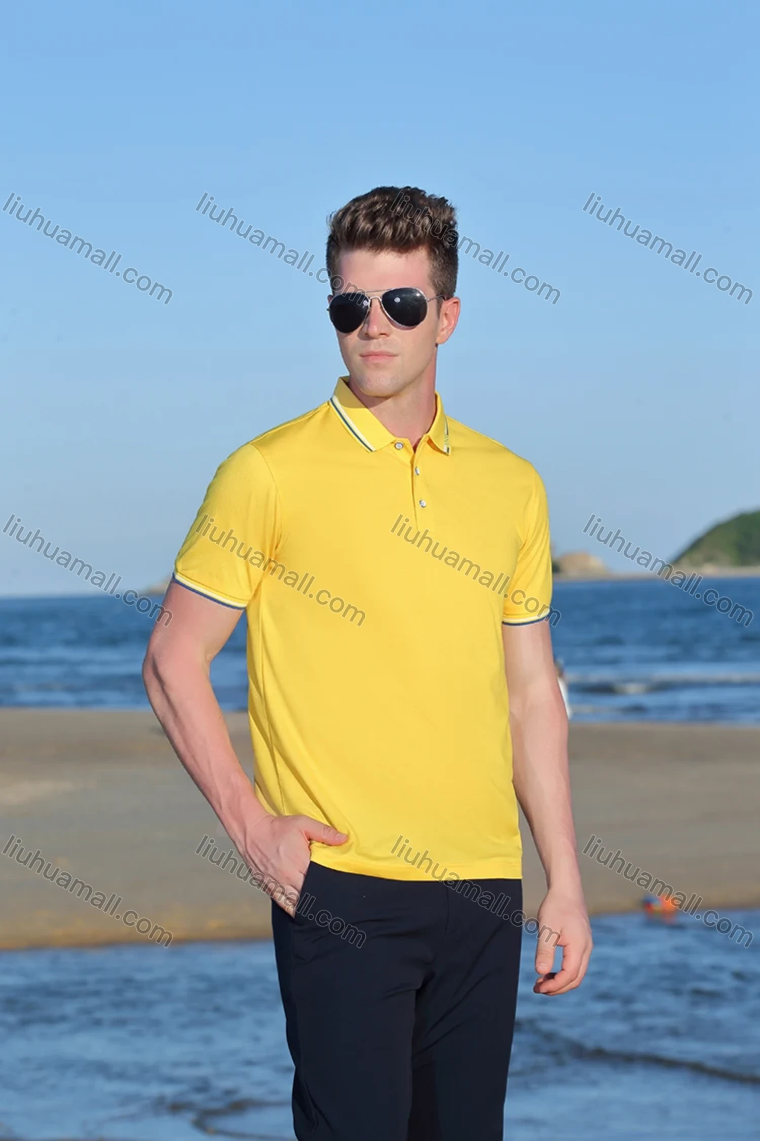 Wholesale Men's Casual Slim Fit Short Sleeve Contrast Striped Trim Polo Shirt 4003# - Liuhuamall