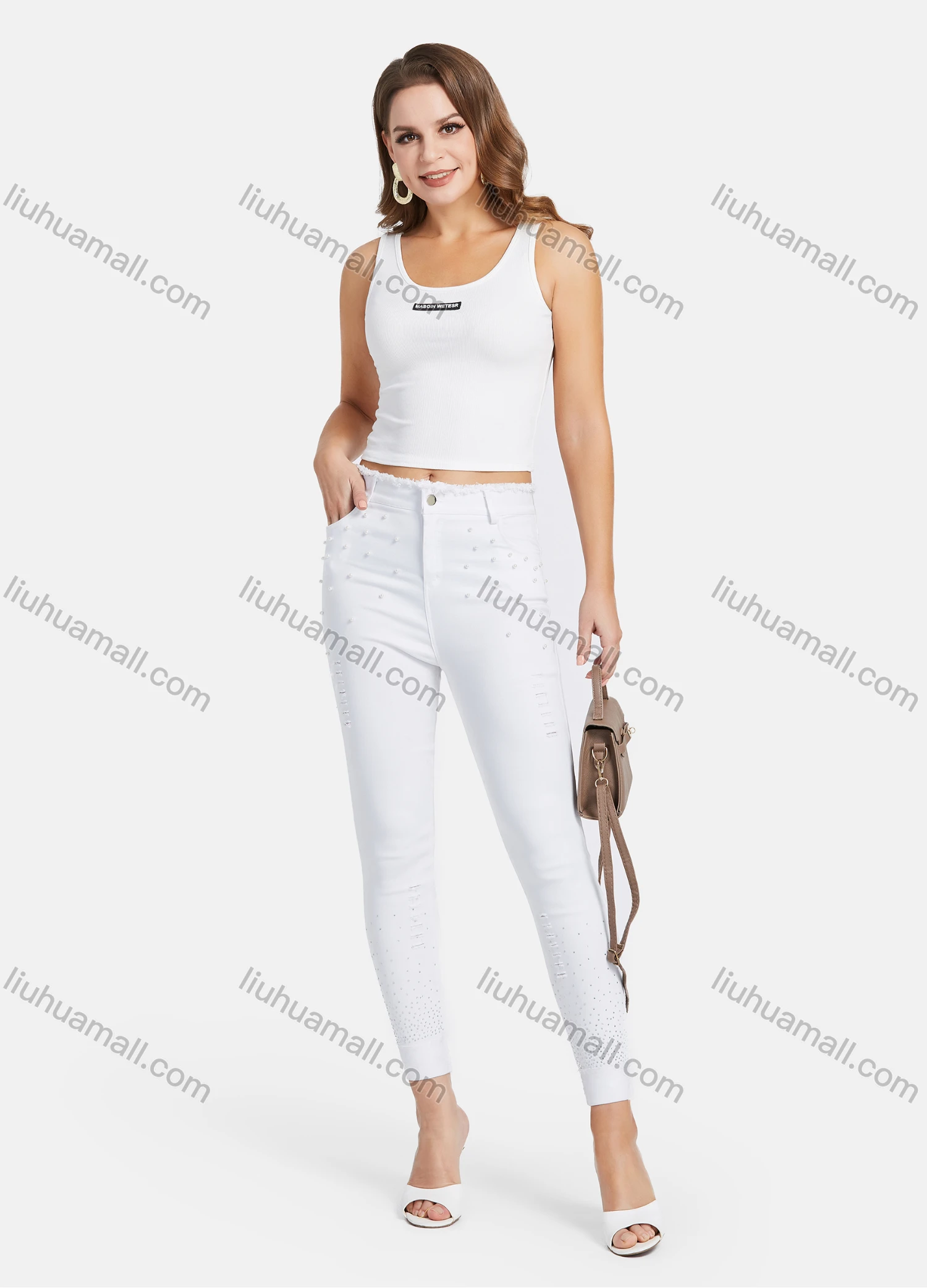 Wholesale Women's Pearl Rhinestone Decor High Waist Distressed Ripped Details Plain Skinny Pant - Liuhuamall