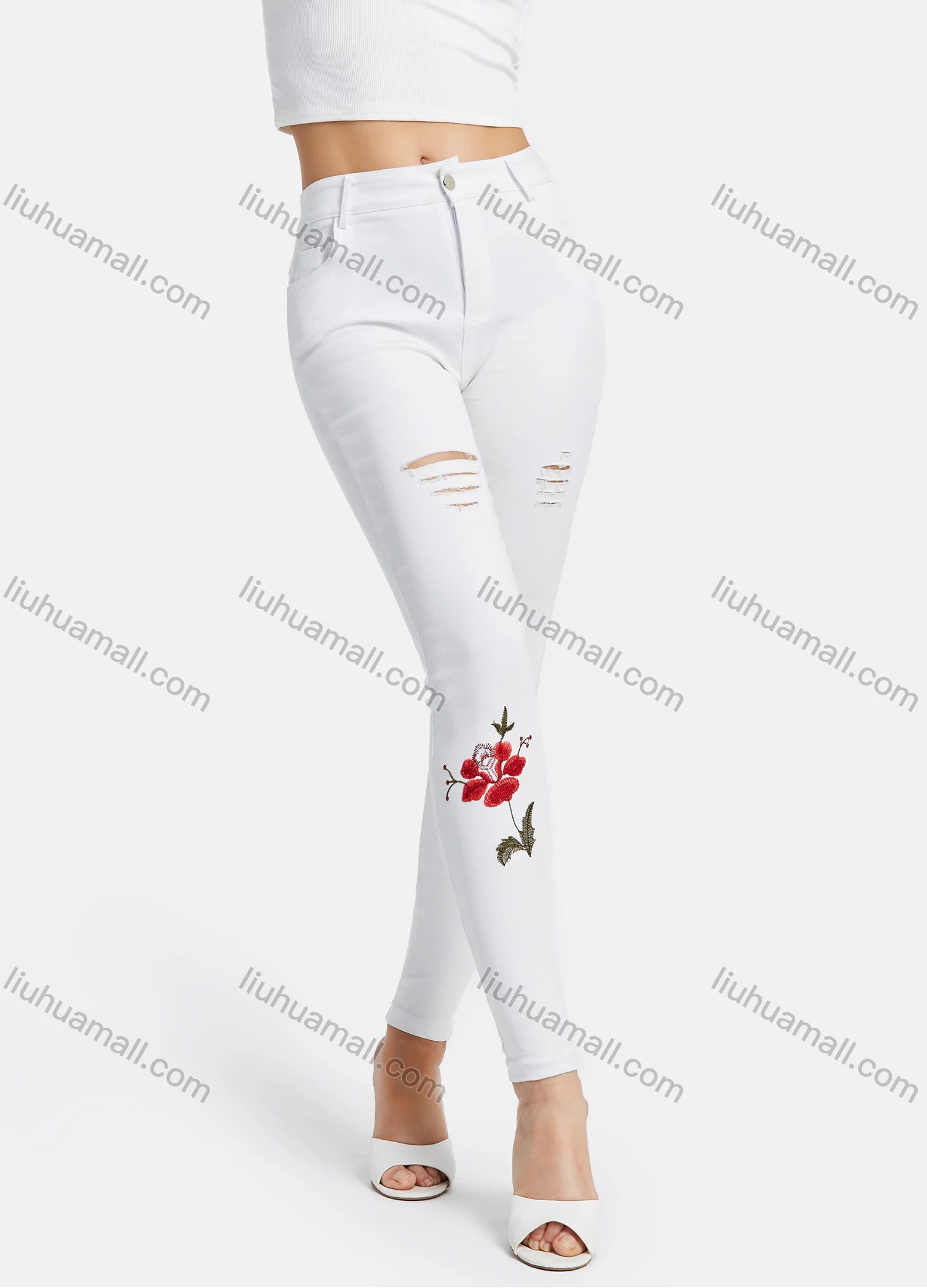 Wholesale Women's Floral Embroidery High Waist Distressed Ripped Details Plain Skinny Pant - Liuhuamall
