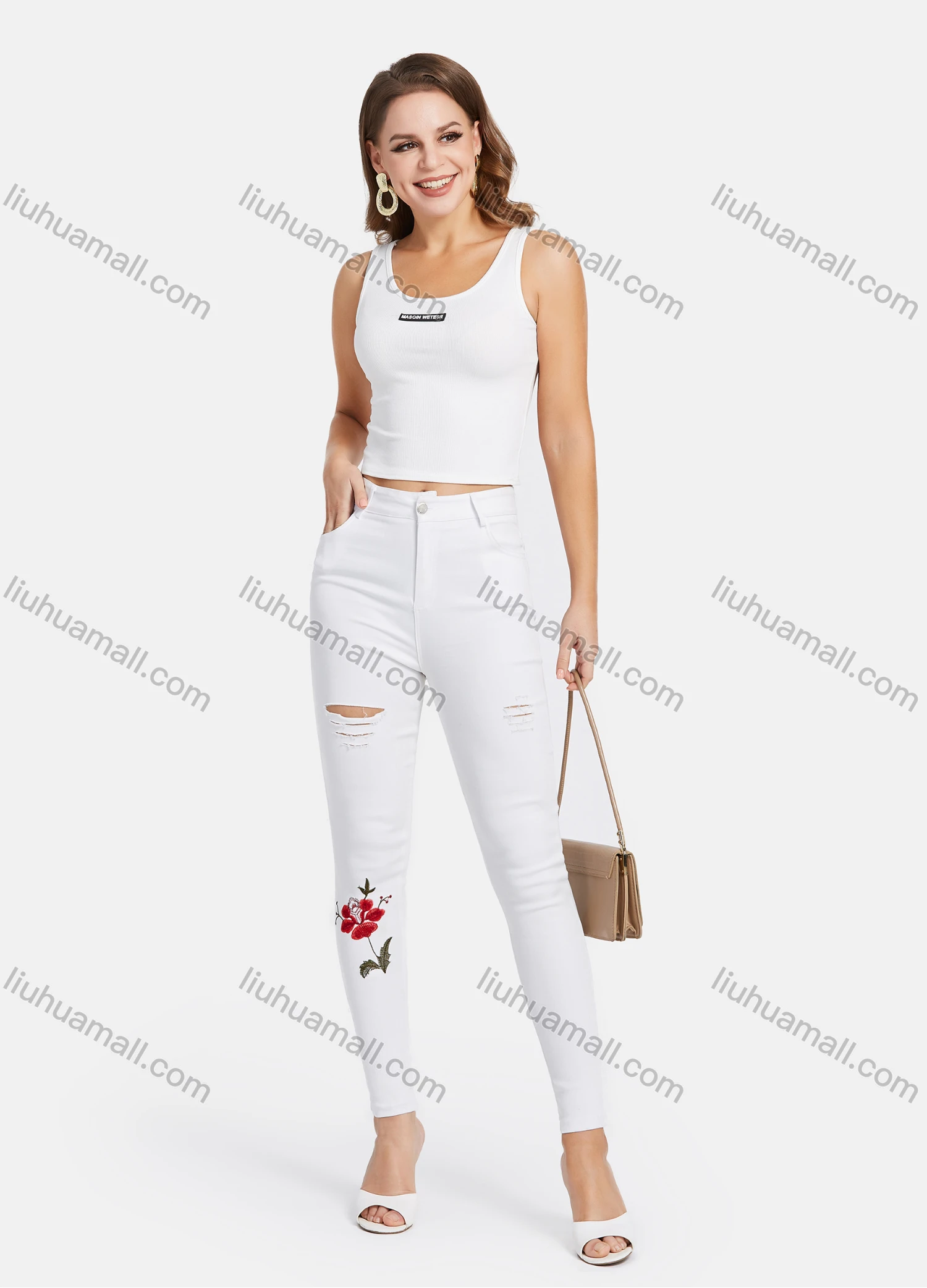 Wholesale Women's Floral Embroidery High Waist Distressed Ripped Details Plain Skinny Pant - Liuhuamall