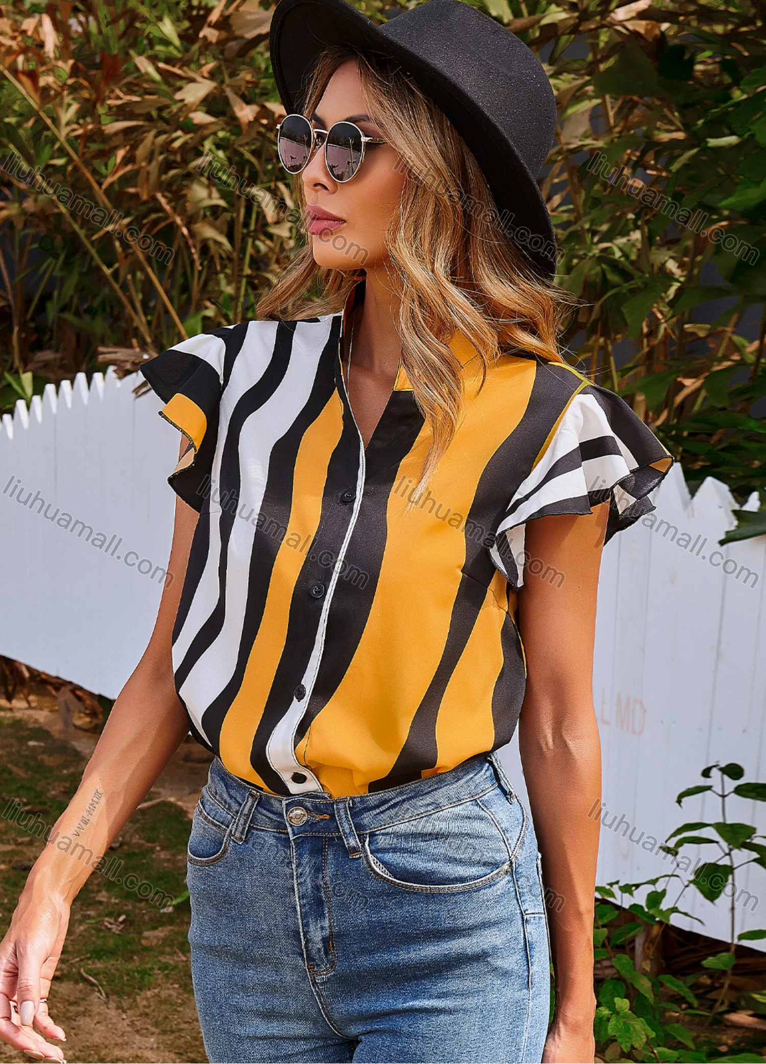 Wholesale Women's Casual Stand Collar Ruffle Sleeve Button Front Multi-color Striped Blouse A20338X# - Liuhuamall