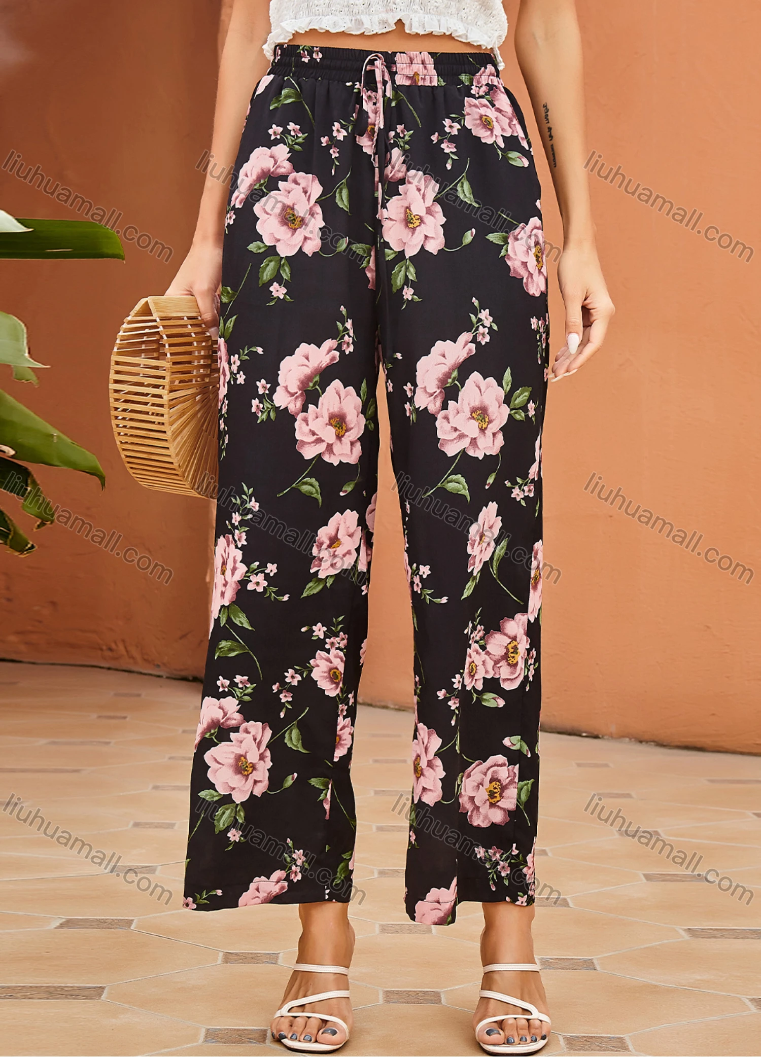 Wholesale Women's Floral Allover Print Waist Drawstring Vacation Wide Leg Pants K20075X# - Liuhuamall