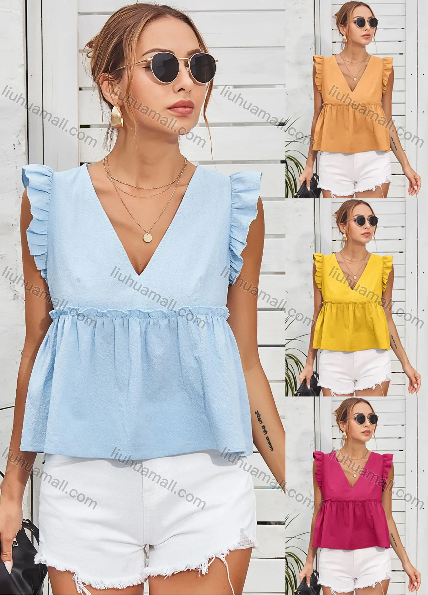 Wholesale Women's V Neck Ruffle Trim Ruffle Hem Crop Babydoll Top A21006X# - Liuhuamall