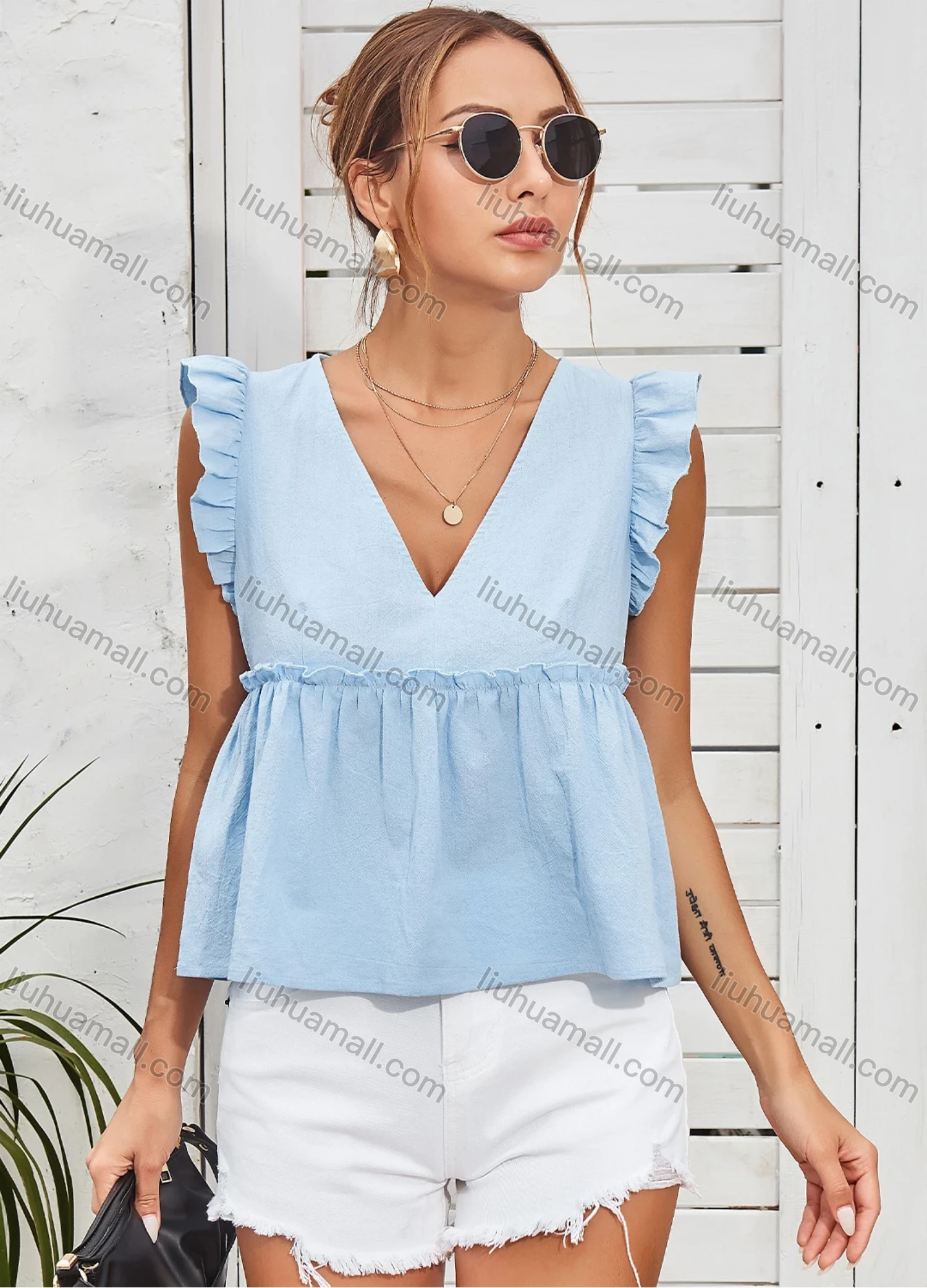 Wholesale Women's V Neck Ruffle Trim Ruffle Hem Crop Babydoll Top A21006X# - Liuhuamall