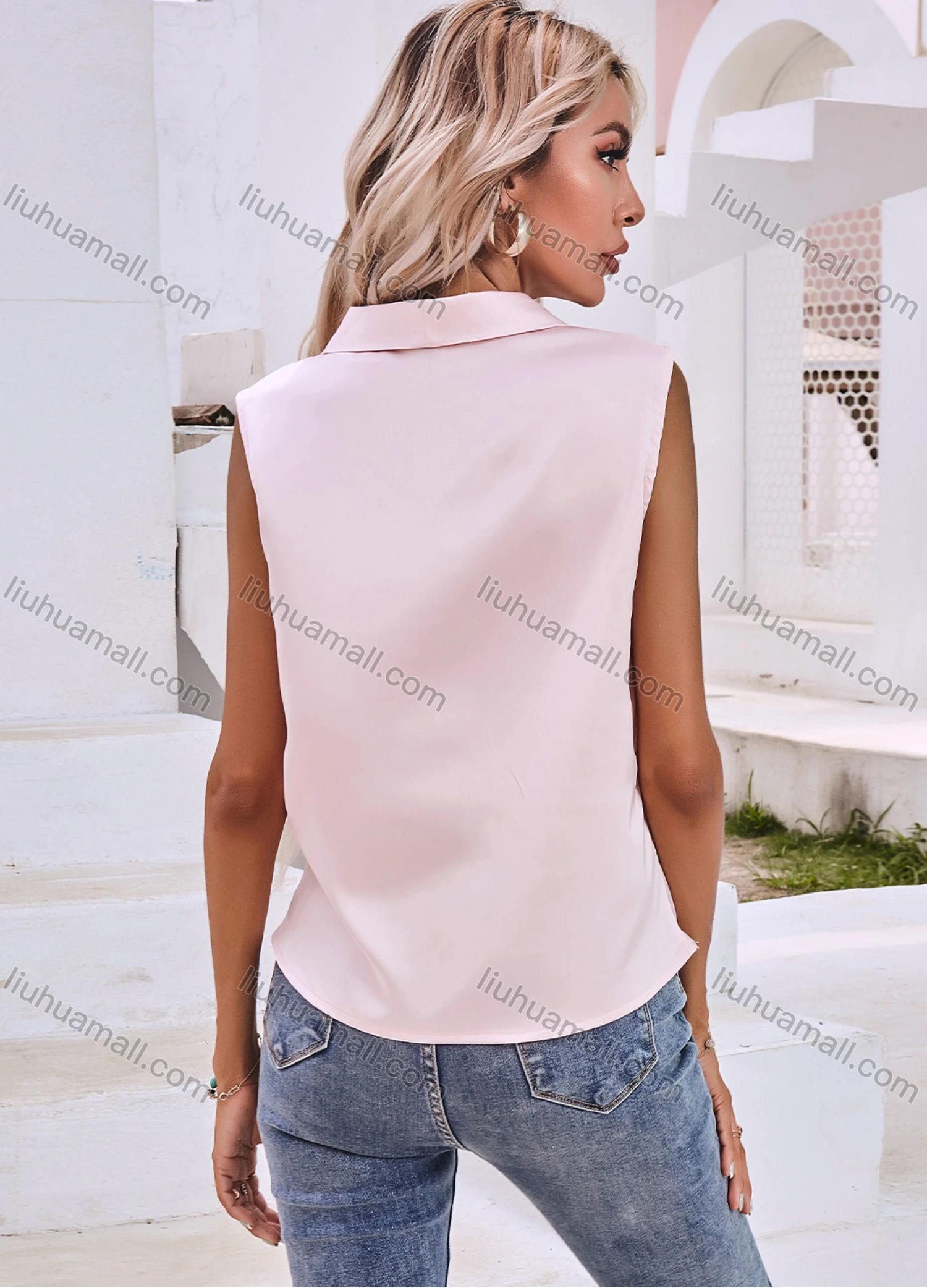 Wholesale Women's Elegant Shawl Collar Sleeveless Twist Front Top A21031X# - Liuhuamall