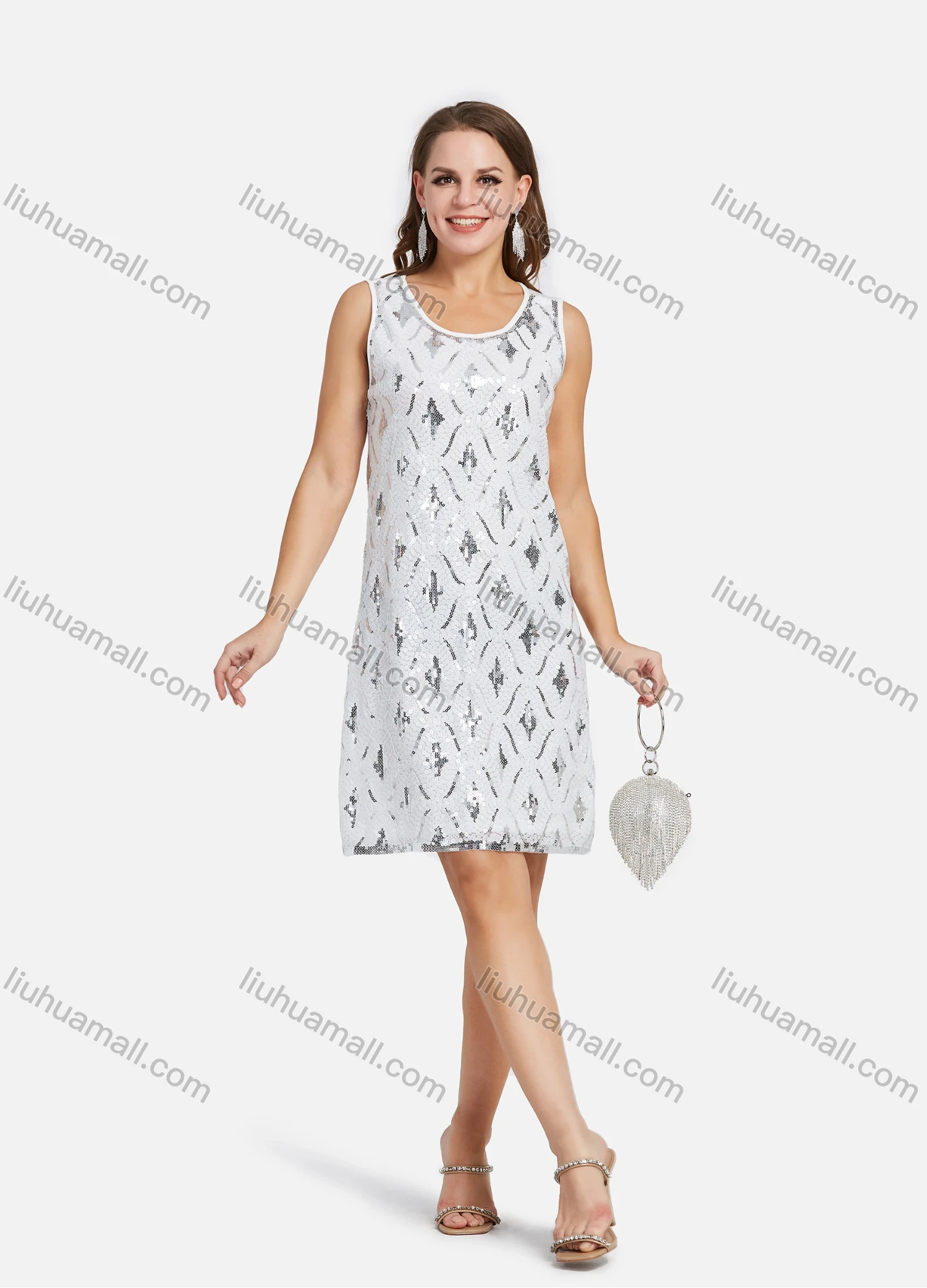 Wholesale Women's Scoop Neck Argyle Sequin Sleeveless Mesh Hem Short Tank Dress - Liuhuamall