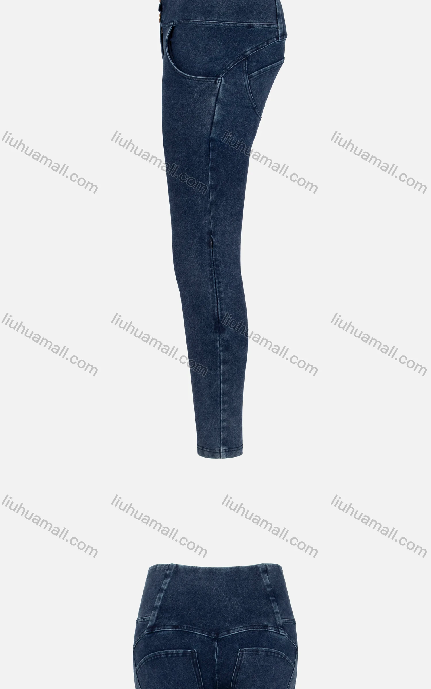 Wholesale Women's Casual Plain High Waist Button Front Patch Pocket Denim Pants - Liuhuamall