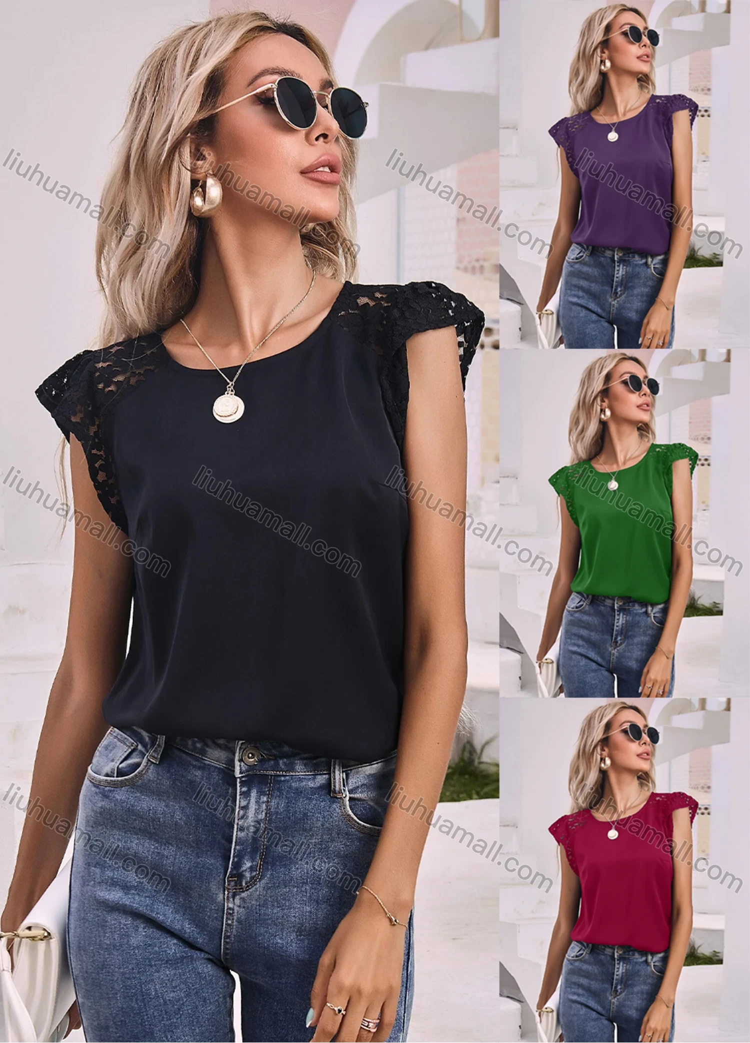 Wholesale Women's Casual Round Neck Guipure Lace Trim Slim Fit Butterfly Sleeve Blouse A21033L# - Liuhuamall