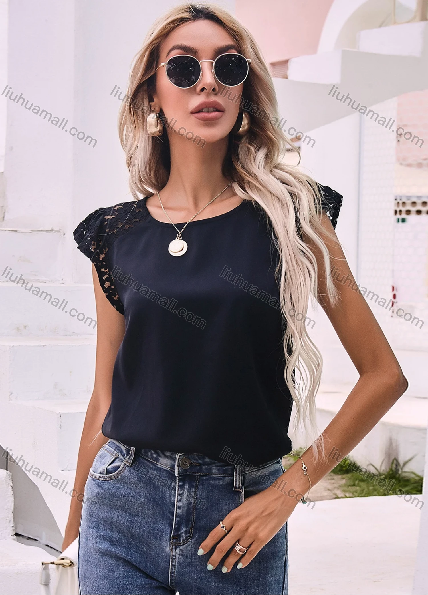 Wholesale Women's Casual Round Neck Guipure Lace Trim Slim Fit Butterfly Sleeve Blouse A21033L# - Liuhuamall